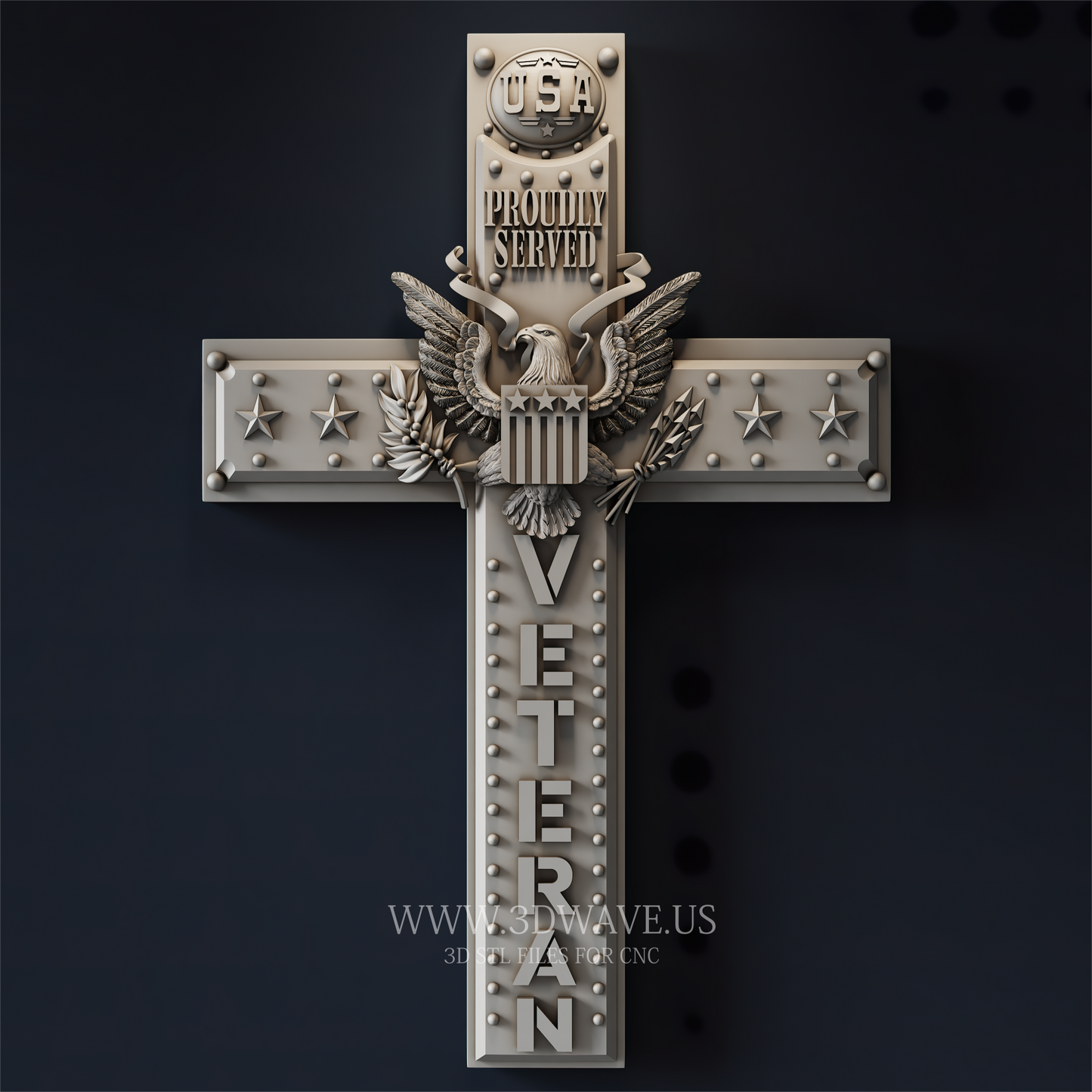 Veteran Cross Wood Carving STL File | 3D CNC Model | Proudly Served Military Wall Art - 3DWave.us