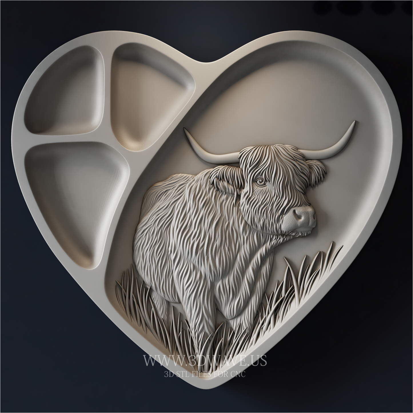 Highland Cow STL File | Heart Tray CNC Model | 3dwave.us