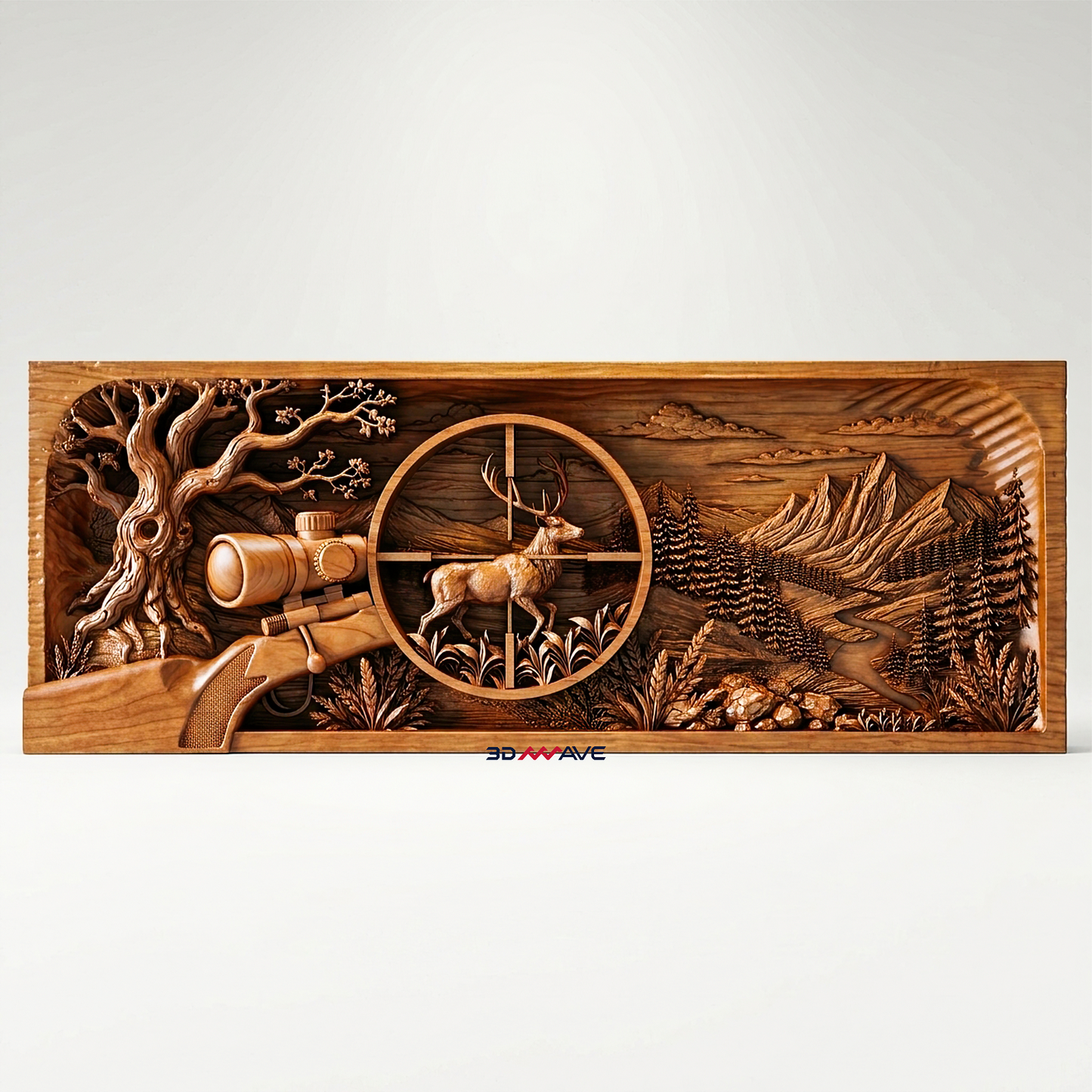 Close view of deer carving with antlers rifle scope and detailed forest relief
