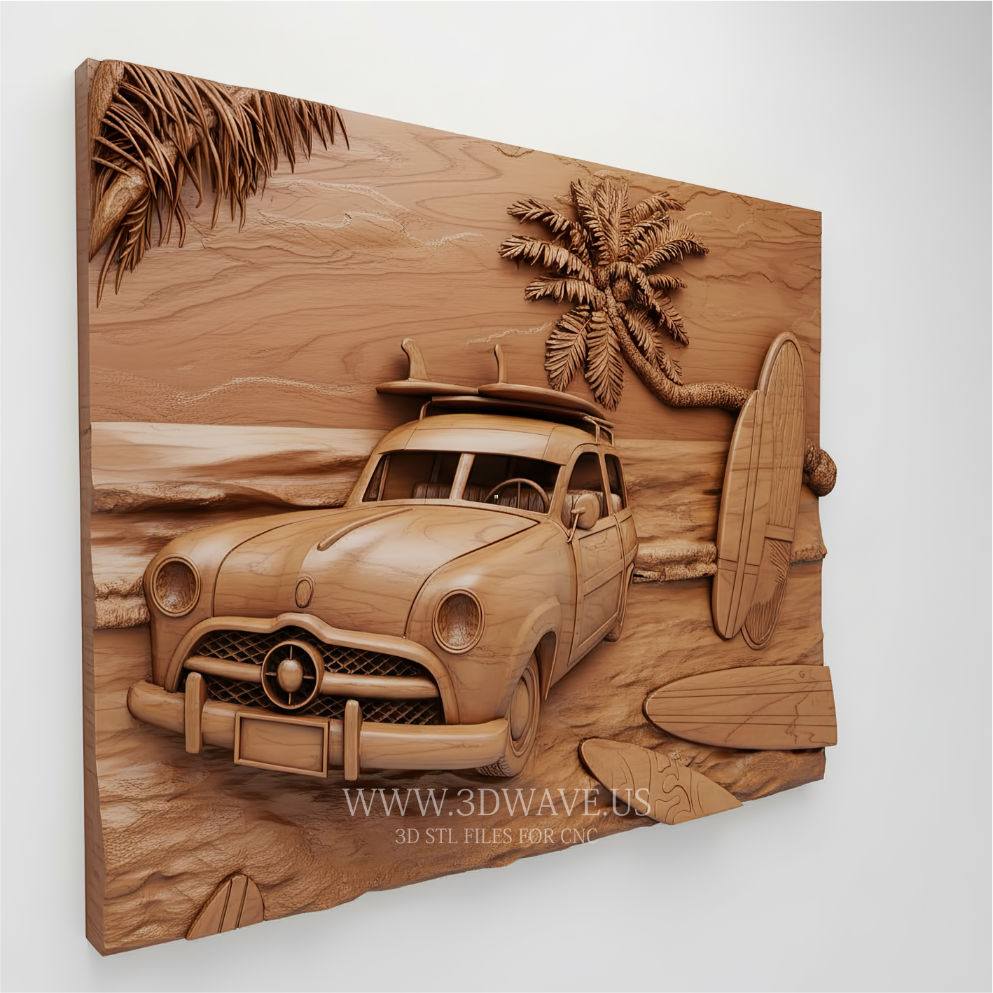 Top view of beach relief carving panel showing layout of car, palm tree and surfboards