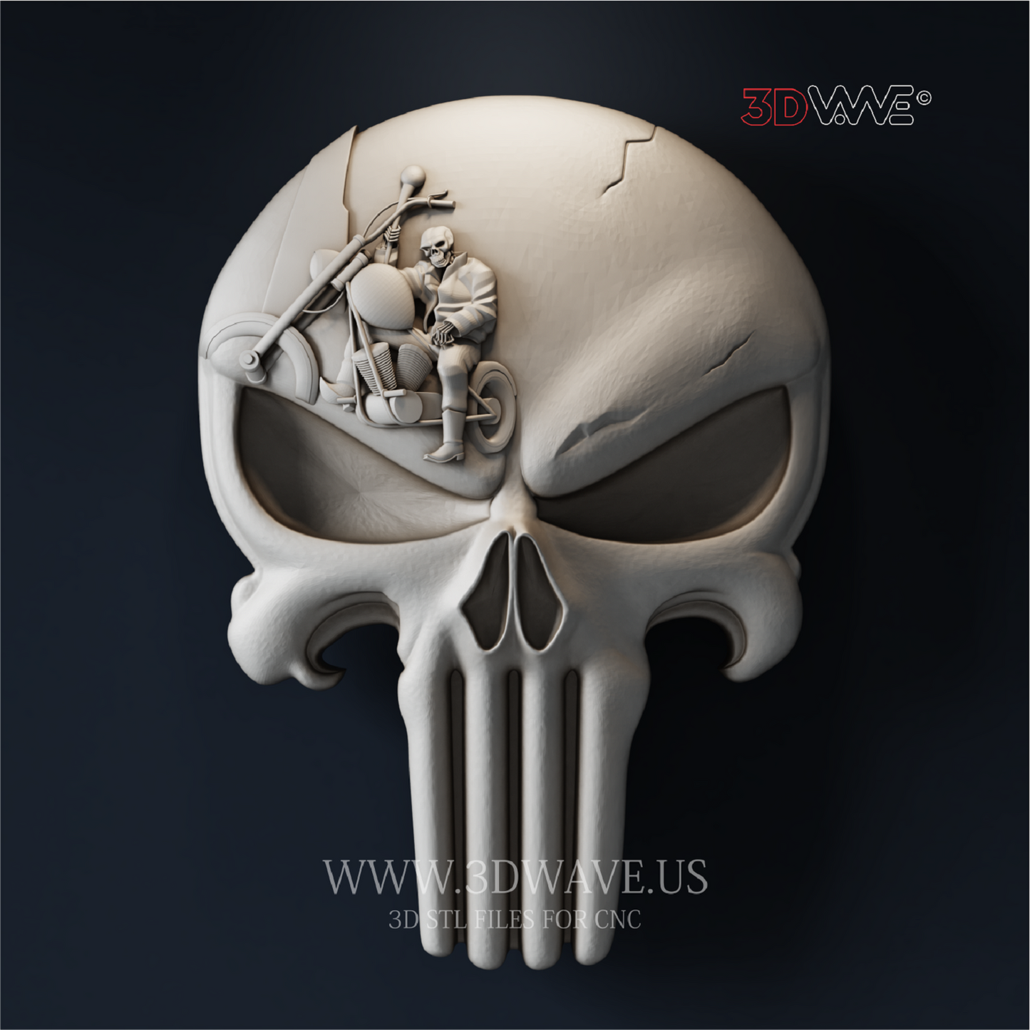 Skull Rider Punisher - 3D Model for CNC | Motorcycle Skull Wood Carving STL File - 3DWave.us