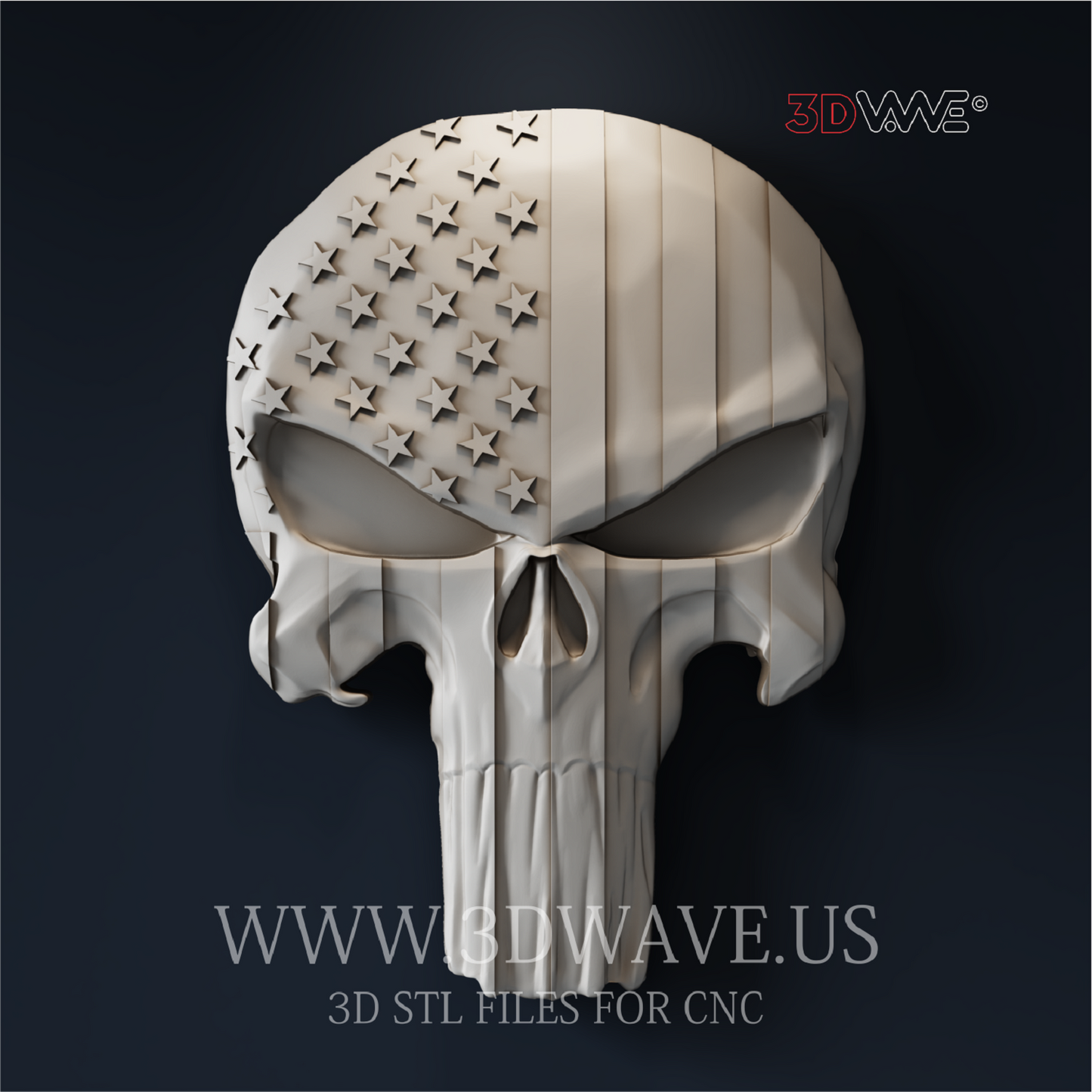 Patriot Punisher Skull - 3D Model for CNC | American Flag Wood Carving STL File - 3DWave.us
