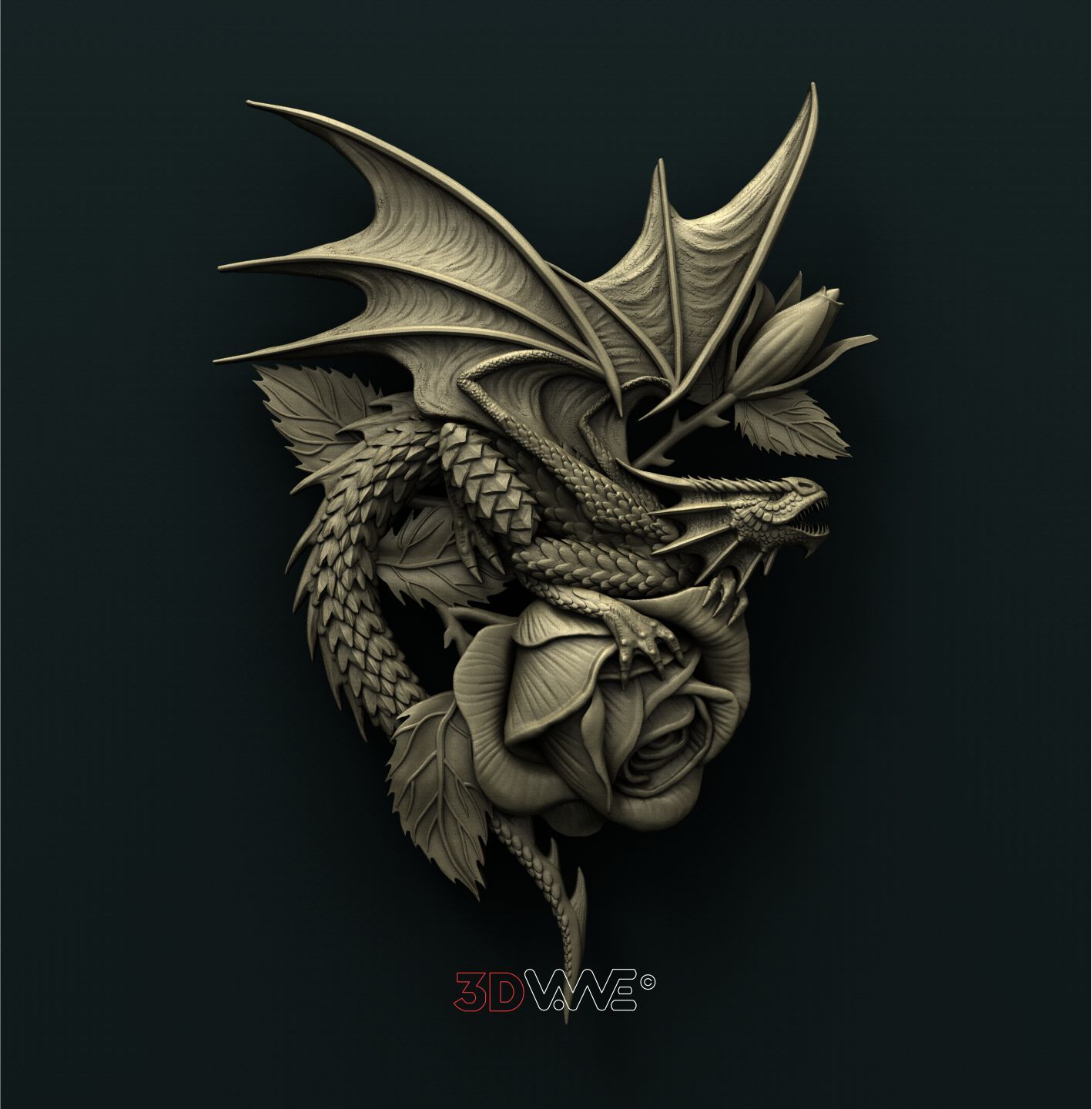 DRAGON ON ROSE 3D STL 3DWave