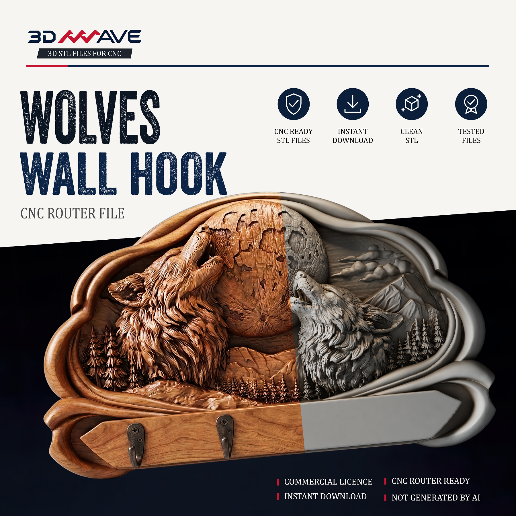 Wolf wall hook STL CNC router file