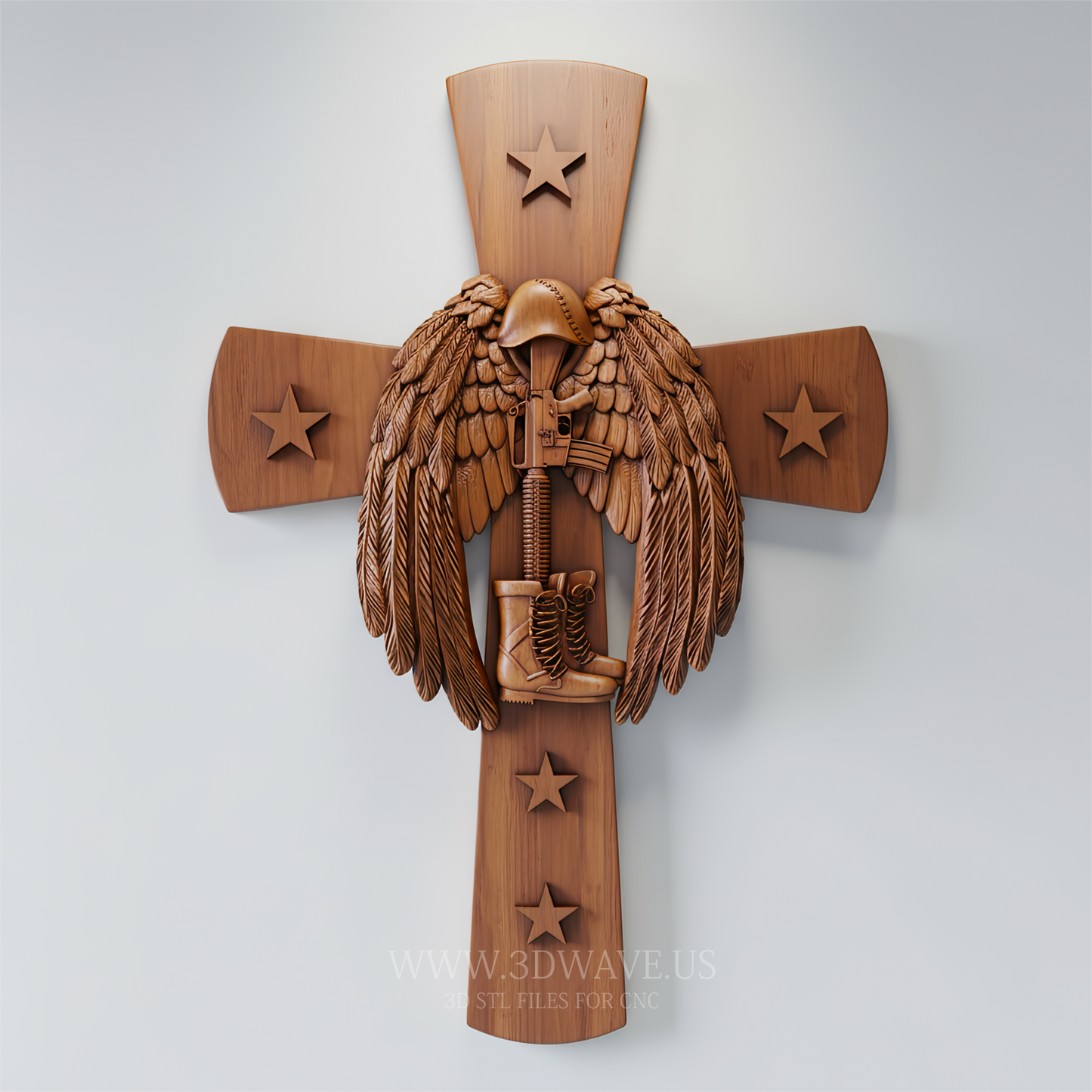 Memorial Cross STL, Fallen Soldier CNC Model for Wood Carving, Patriotic Veteran Wall Art - 3DWave.us