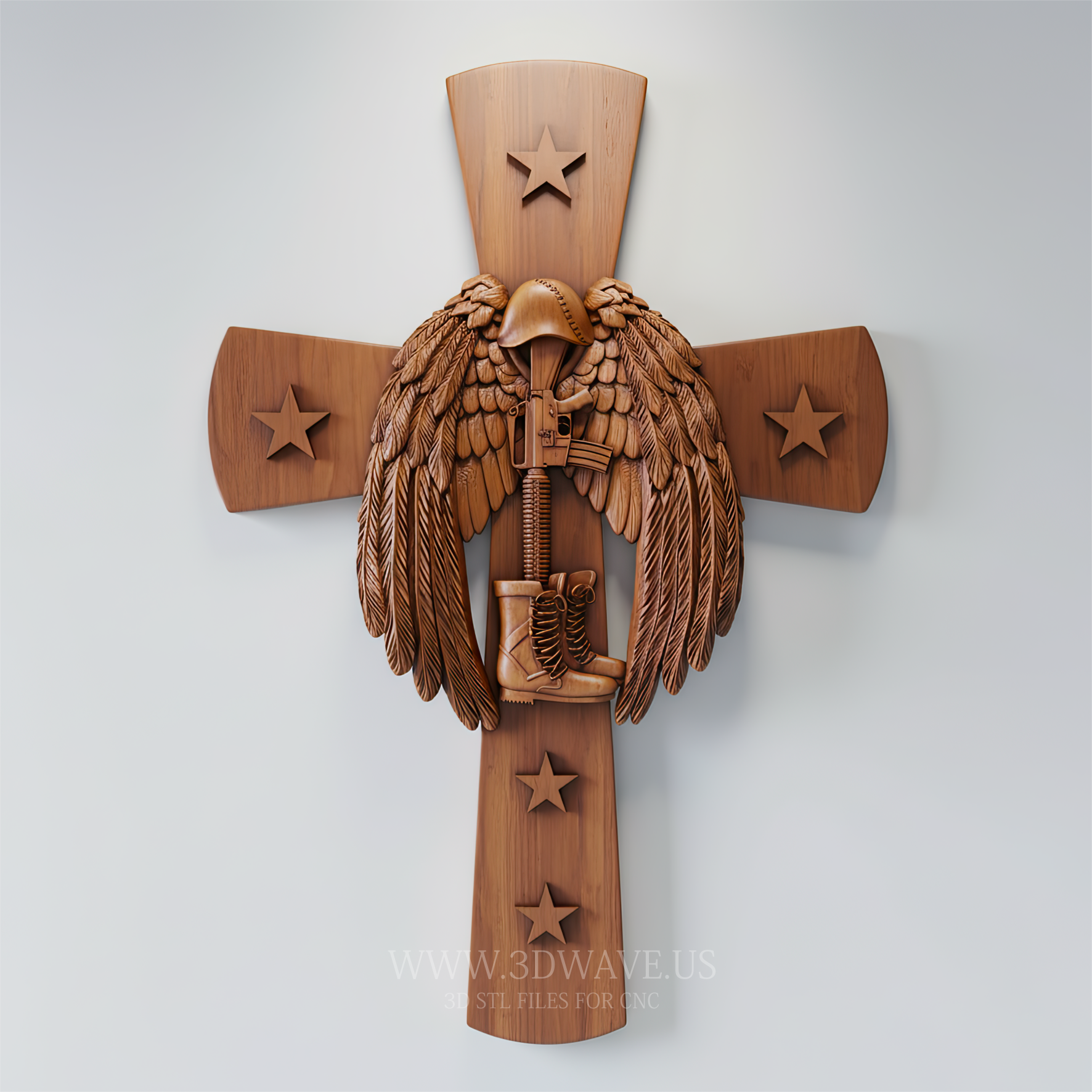 Memorial Cross STL, Fallen Soldier CNC Model for Wood Carving, Patriotic Veteran Wall Art - 3DWave.us