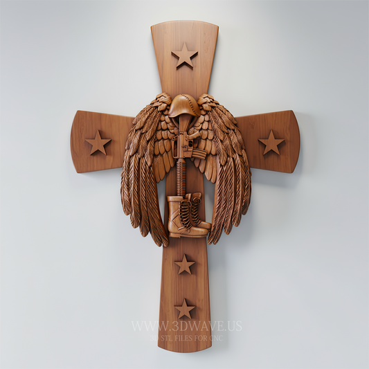Memorial Cross STL, Fallen Soldier CNC Model for Wood Carving, Patriotic Veteran Wall Art - 3DWave.us