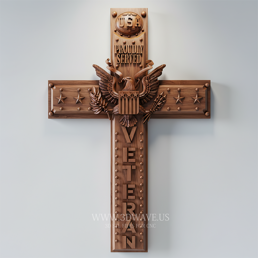 Veteran Cross Wood Carving STL File | 3D CNC Model | Proudly Served Military Wall Art - 3DWave.us