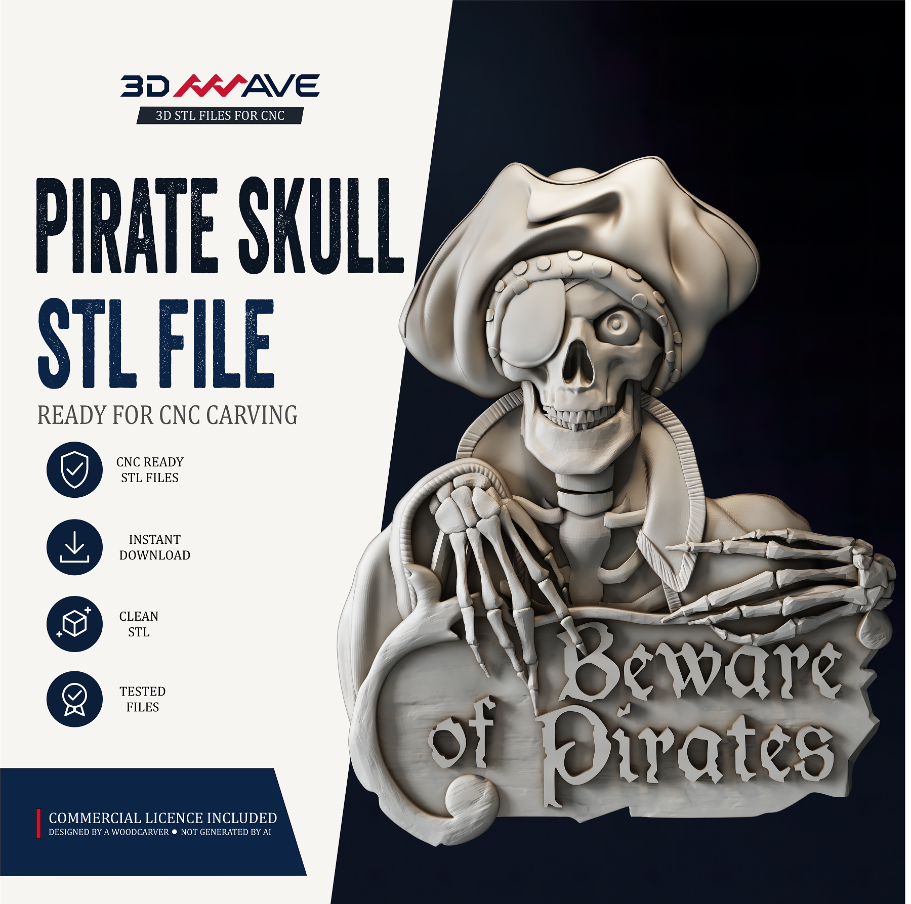 Pirate Skull STL File | Beware of Pirates CNC Router Relief - 3DWave.us