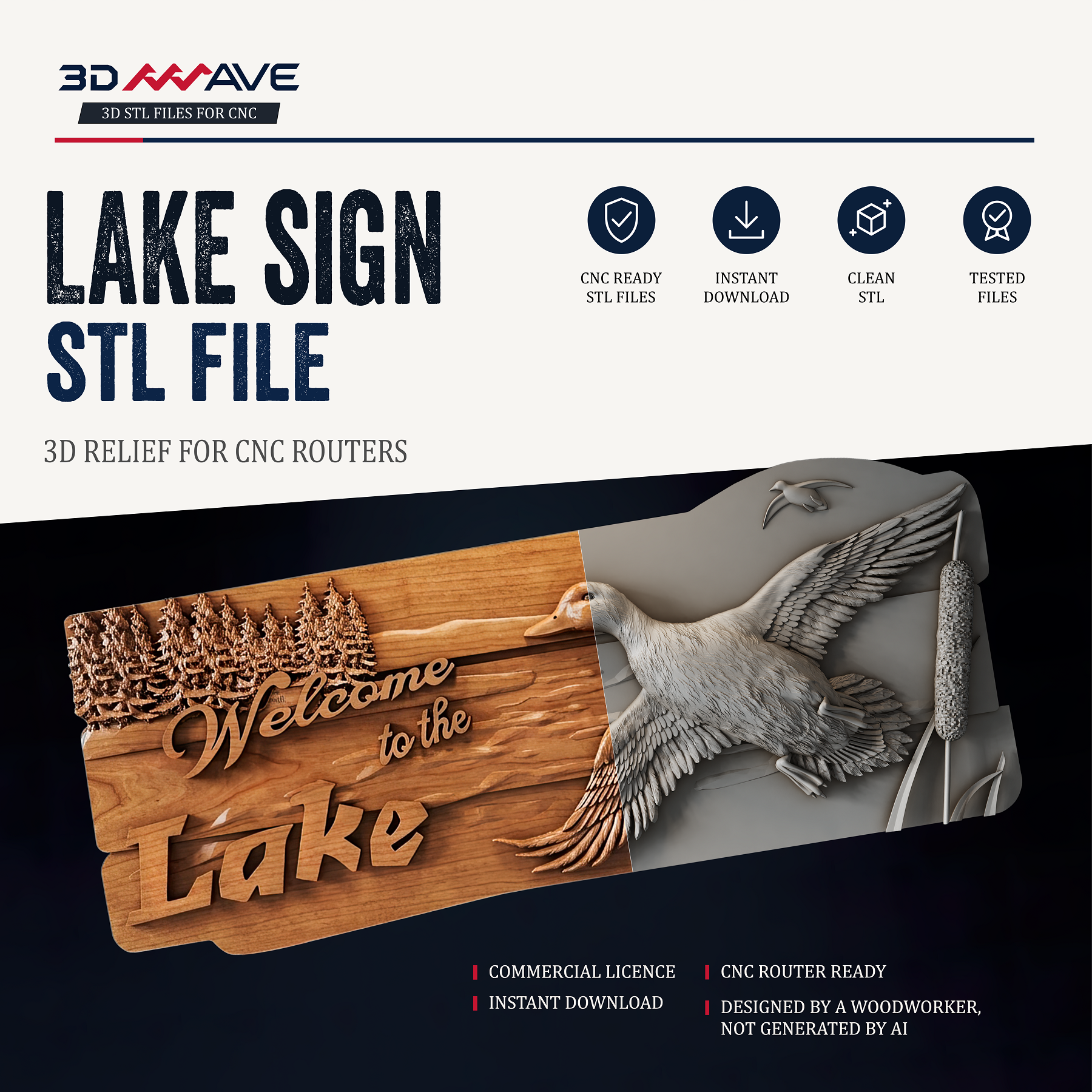 Lake House Sign STL File | Mallard Duck CNC Relief for Wood Carving - 3DWave.us