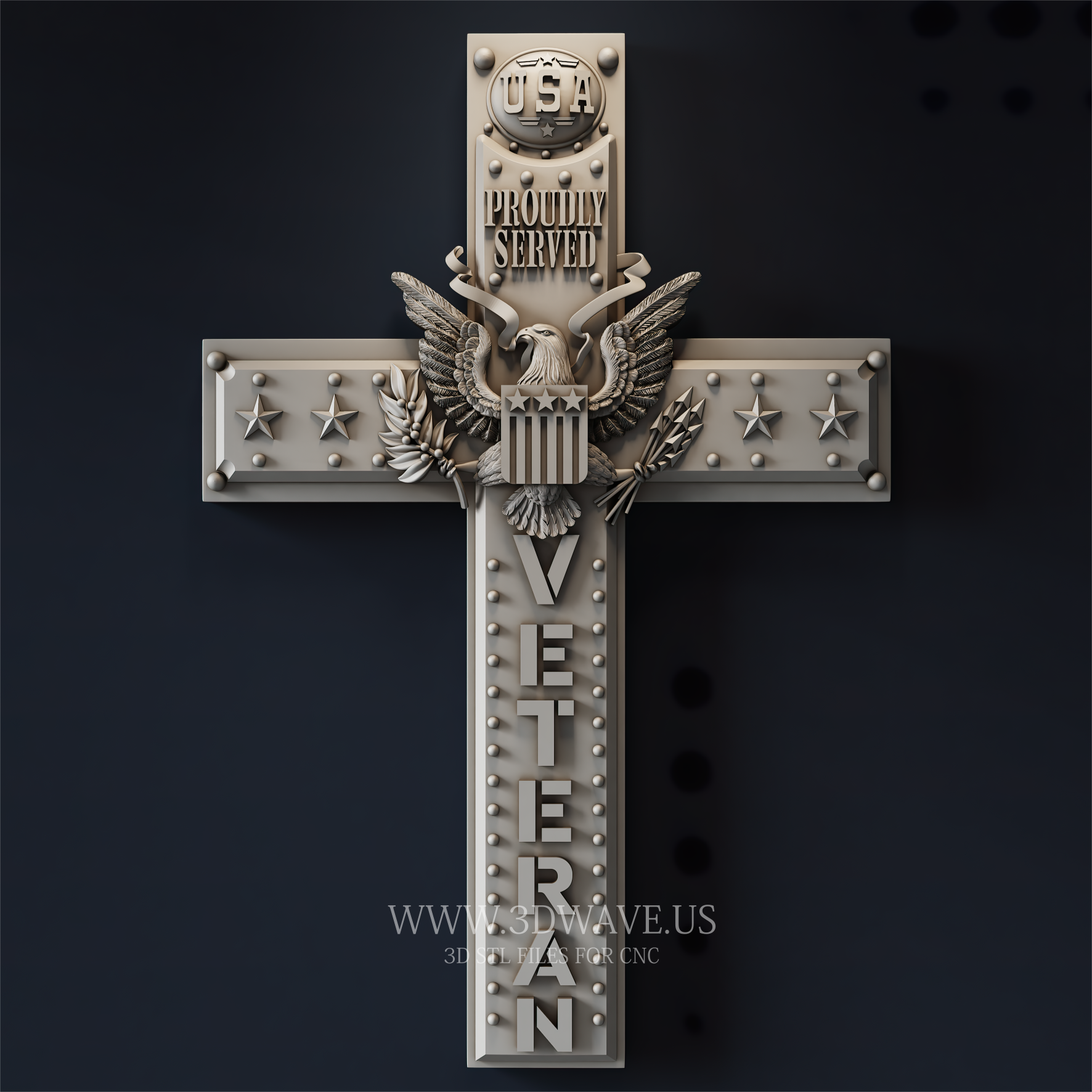 Veteran Cross Wood Carving STL File | 3D CNC Model | Proudly Served Military Wall Art - 3DWave.us