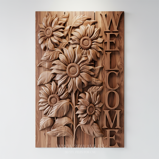 Sunflower Welcome Sign Wood Carving | Farmhouse Wall Art & Housewarming Gift (Digital Download) - 3DWave.us