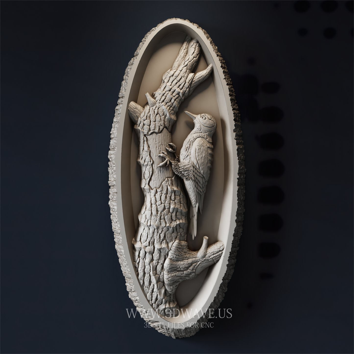Woodpecker STL File for CNC. Tree Bark Relief Carving in Oval Frame. Rustic Wildlife Wall Art - 3DWave.us