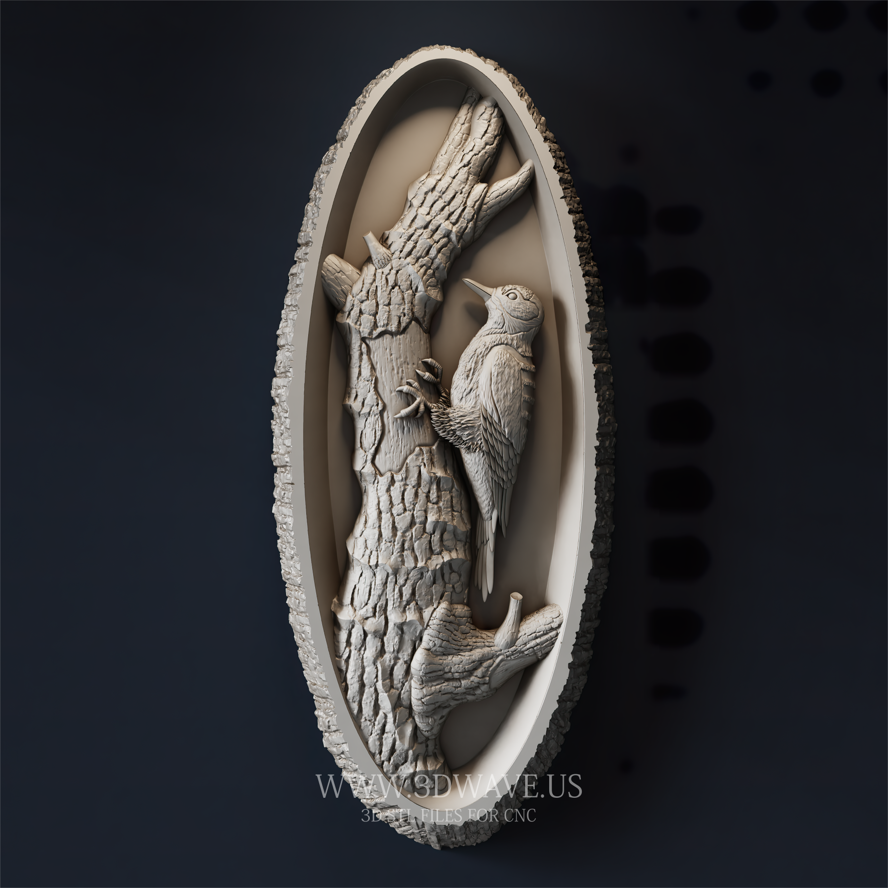 Woodpecker STL File for CNC. Tree Bark Relief Carving in Oval Frame. Rustic Wildlife Wall Art - 3DWave.us