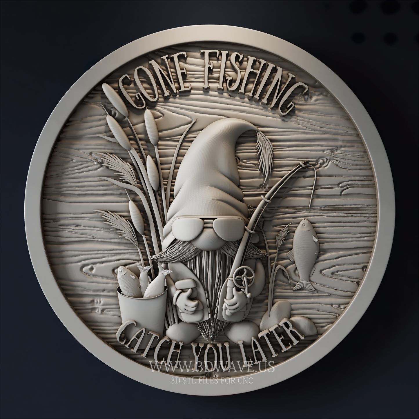 Round Fishing Gnome Wood Carving STL File | 3D CNC Model | Gone Fishing Wall Sign - 3DWave.us