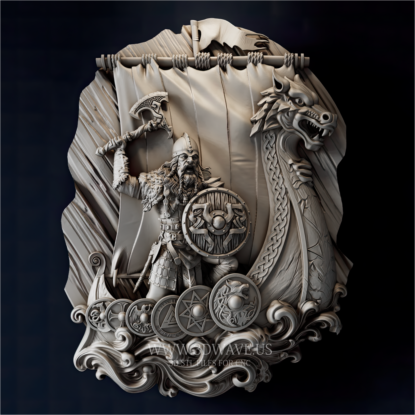 Viking Warrior Ship Relief Carving | Norse Dragon Drakkar STL - 3DWave.us
