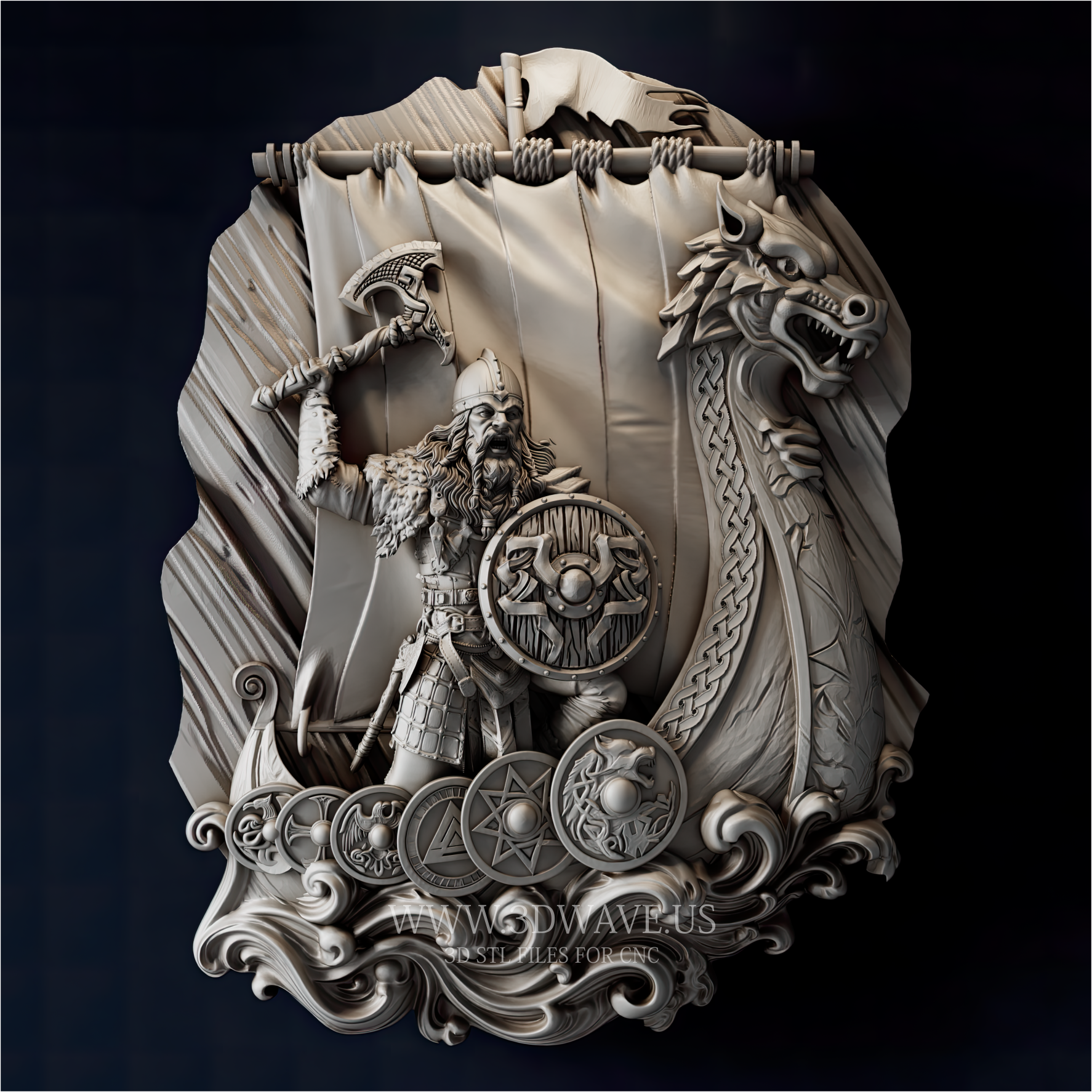 Viking Warrior Ship Relief Carving | Norse Dragon Drakkar STL - 3DWave.us