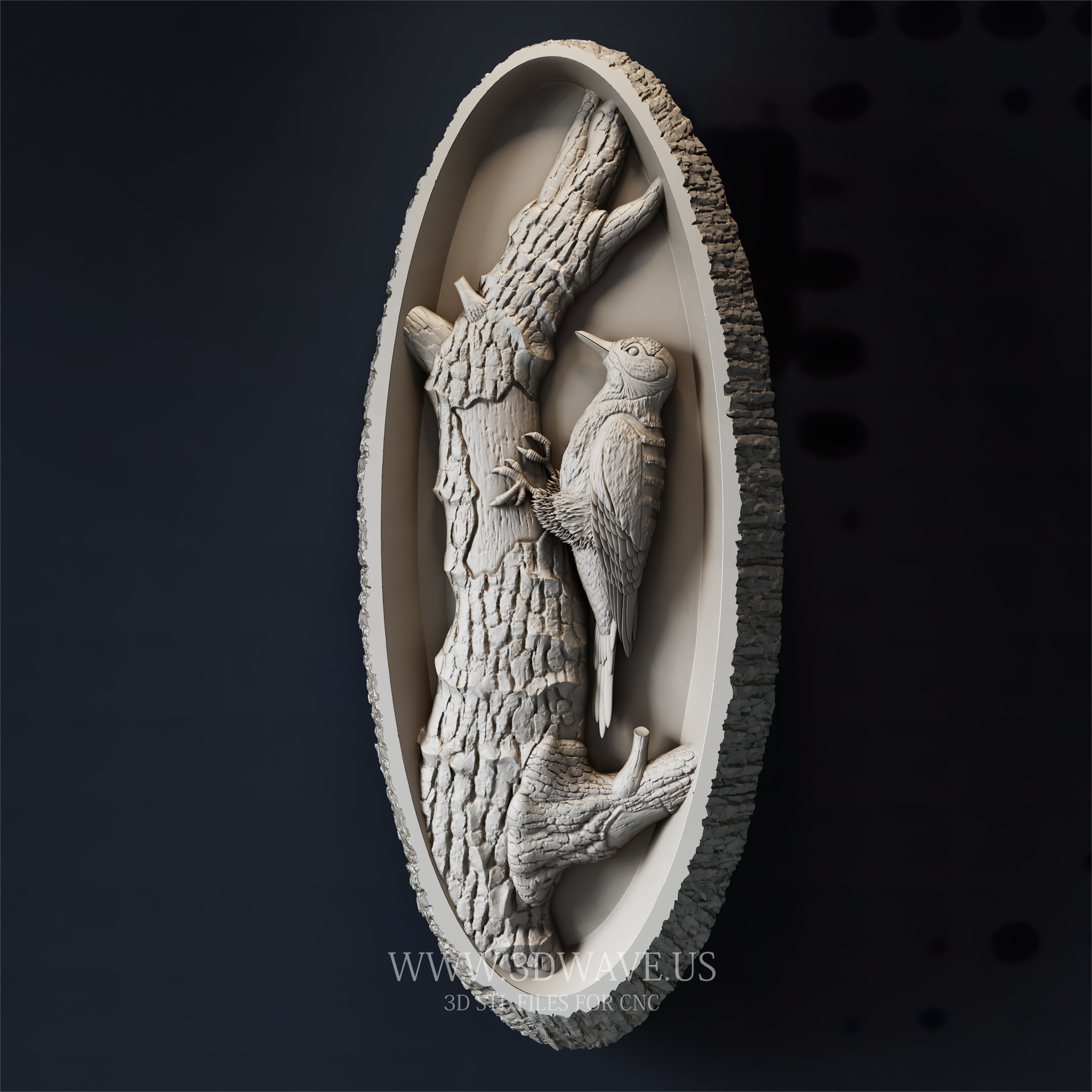 Woodpecker STL File for CNC. Tree Bark Relief Carving in Oval Frame. Rustic Wildlife Wall Art - 3DWave.us