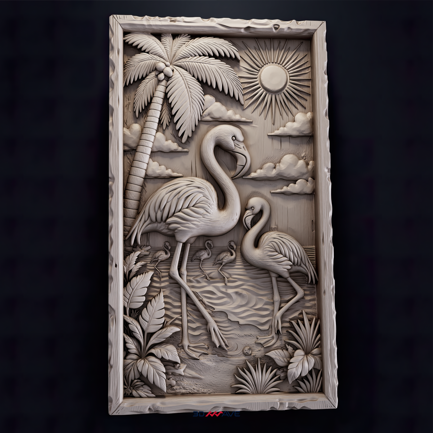 Flamingo Family Tropical Wall Relief STL for CNC Router | Premium Coastal Wood Carving File