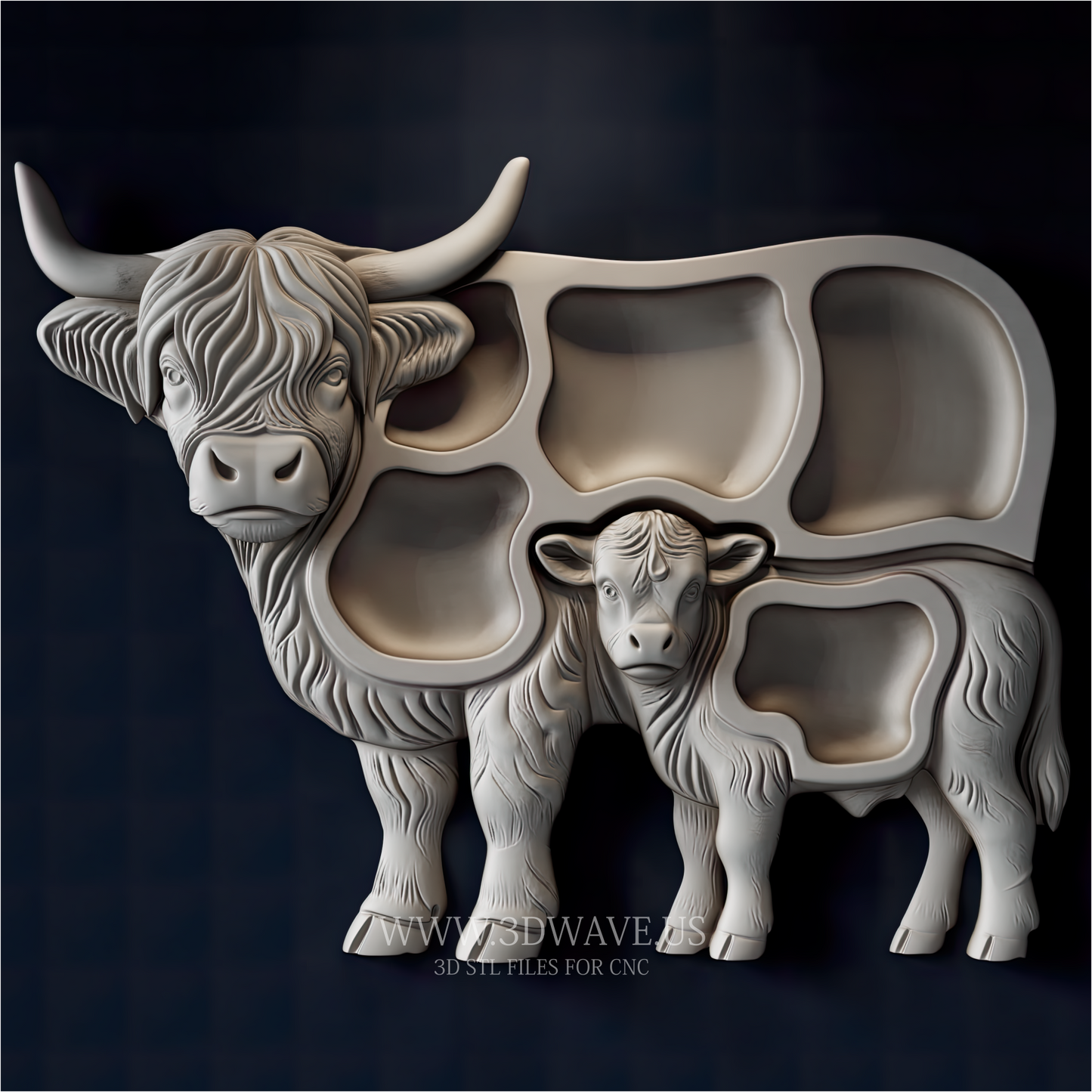Highland Cow STL File | Cow Charcuterie Board CNC Model | Wood Carving Download