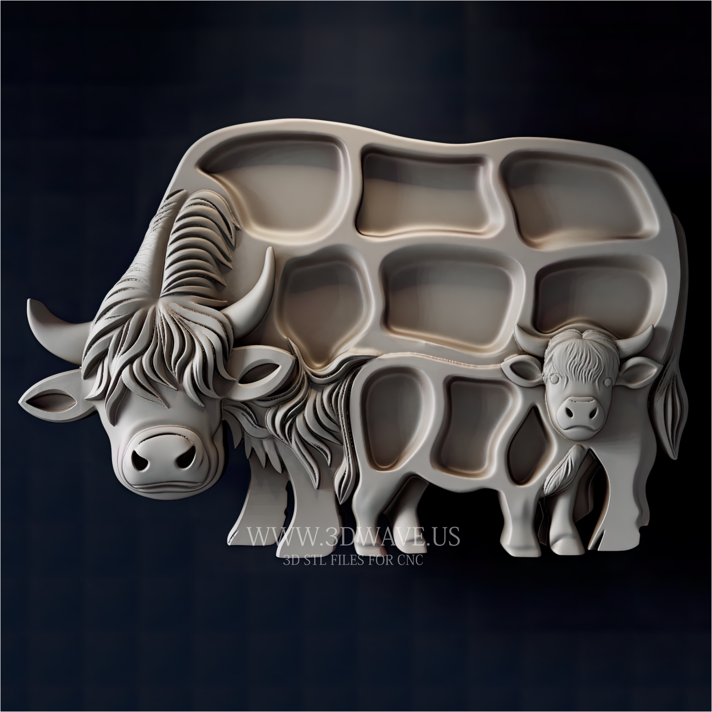 Highland Cow STL File | Cow Charcuterie Board CNC Model | Wood Carving Download
