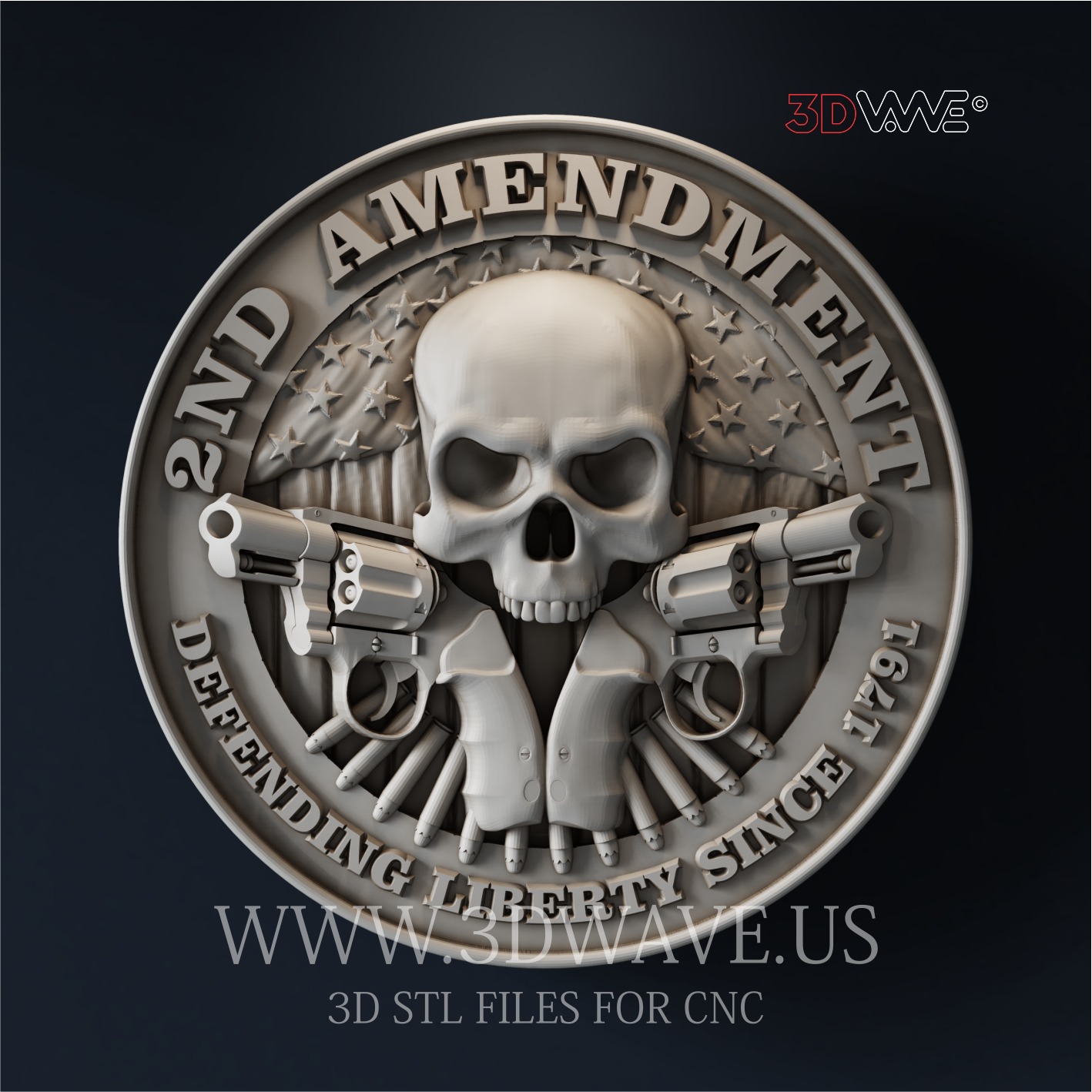Second Amendment Skull Round Plaque STL | 3D CNC Gun Rights Wall Art, Patriotic Skull Decor - 3DWave.us