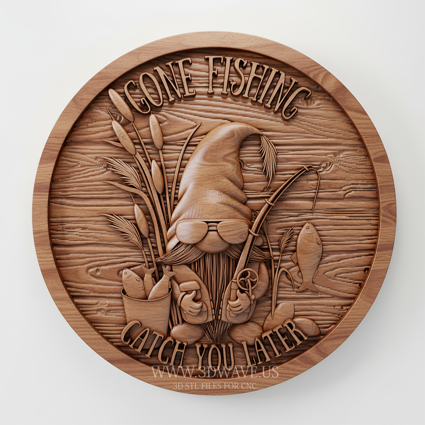 Round Fishing Gnome Wood Carving STL File | 3D CNC Model | Gone Fishing Wall Sign - 3DWave.us