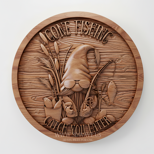 Round Fishing Gnome Wood Carving STL File | 3D CNC Model | Gone Fishing Wall Sign - 3DWave.us