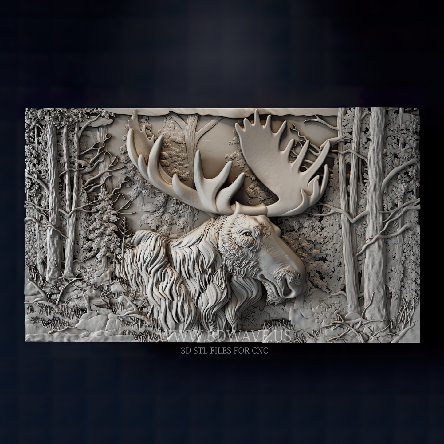 Majestic Moose on Forest Background - 3D Relief Model for CNC - 3DWave.us