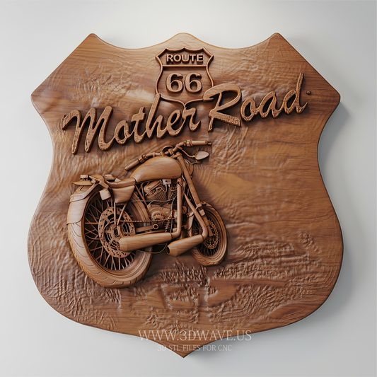 Route 66 Mother Road Shield STL | 3D CNC File | Biker Wall Art & Man Cave Decor - 3DWave.us