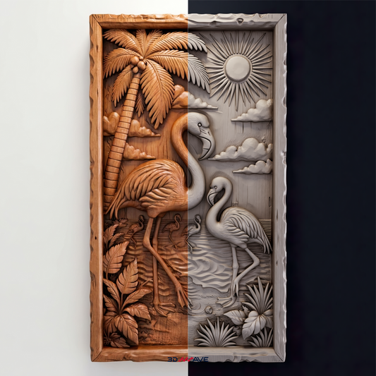 Flamingo Family Tropical Wall Relief STL for CNC Router | Premium Coastal Wood Carving File