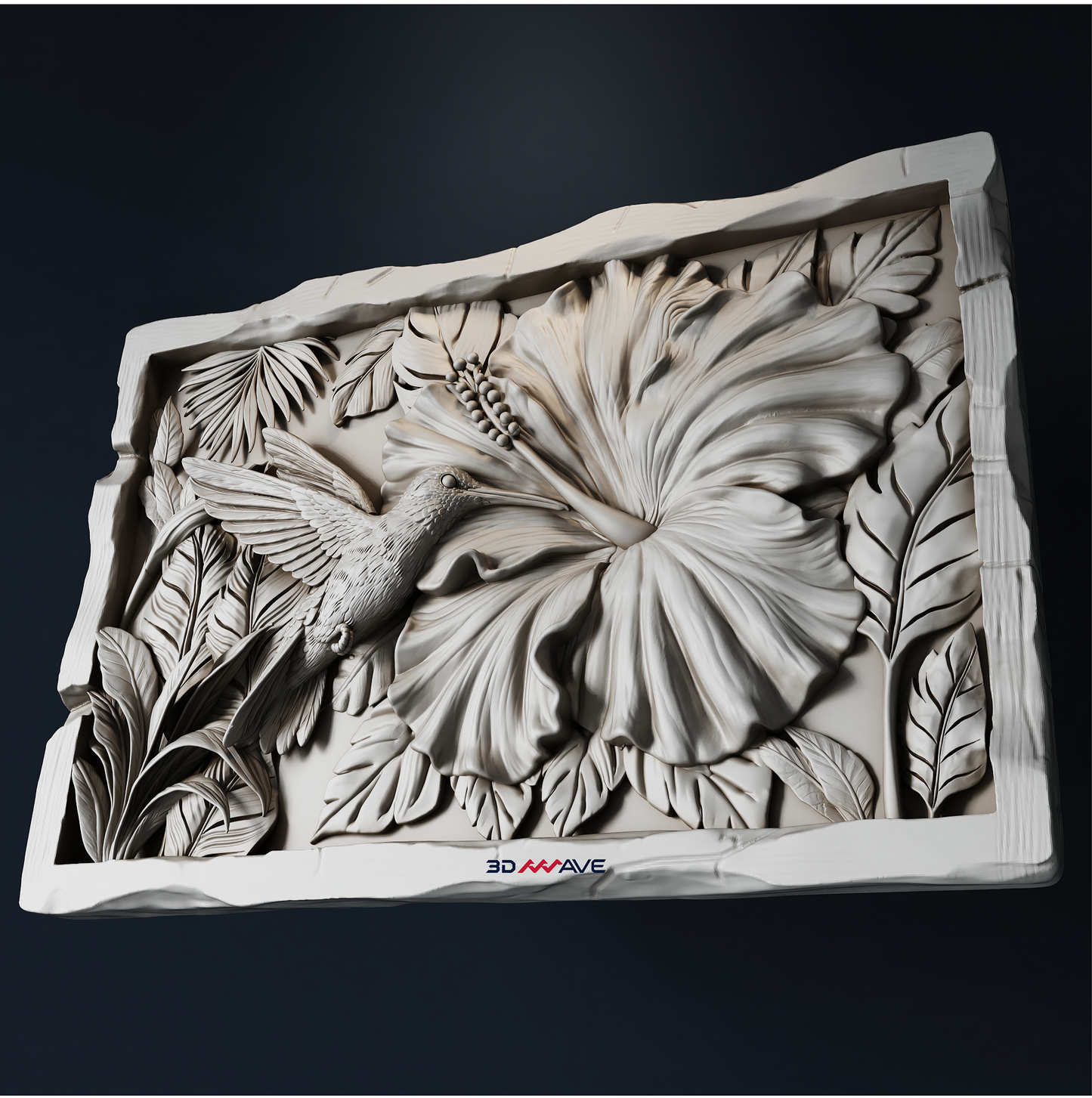Hummingbird wall art STL model with tropical hibiscus flower for CNC router