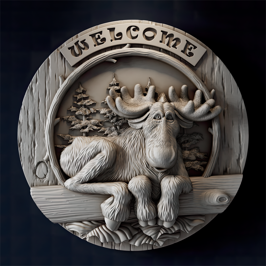 CNC Moose Welcome Sign STL – Rustic 3D Wood Carving Relief - 3DWave.us