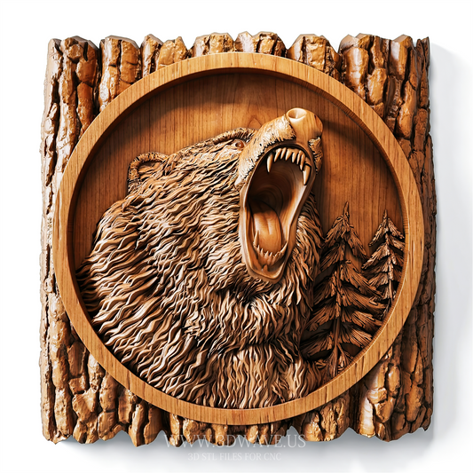 Bear STL File | Roaring Grizzly Bear Relief CNC Model