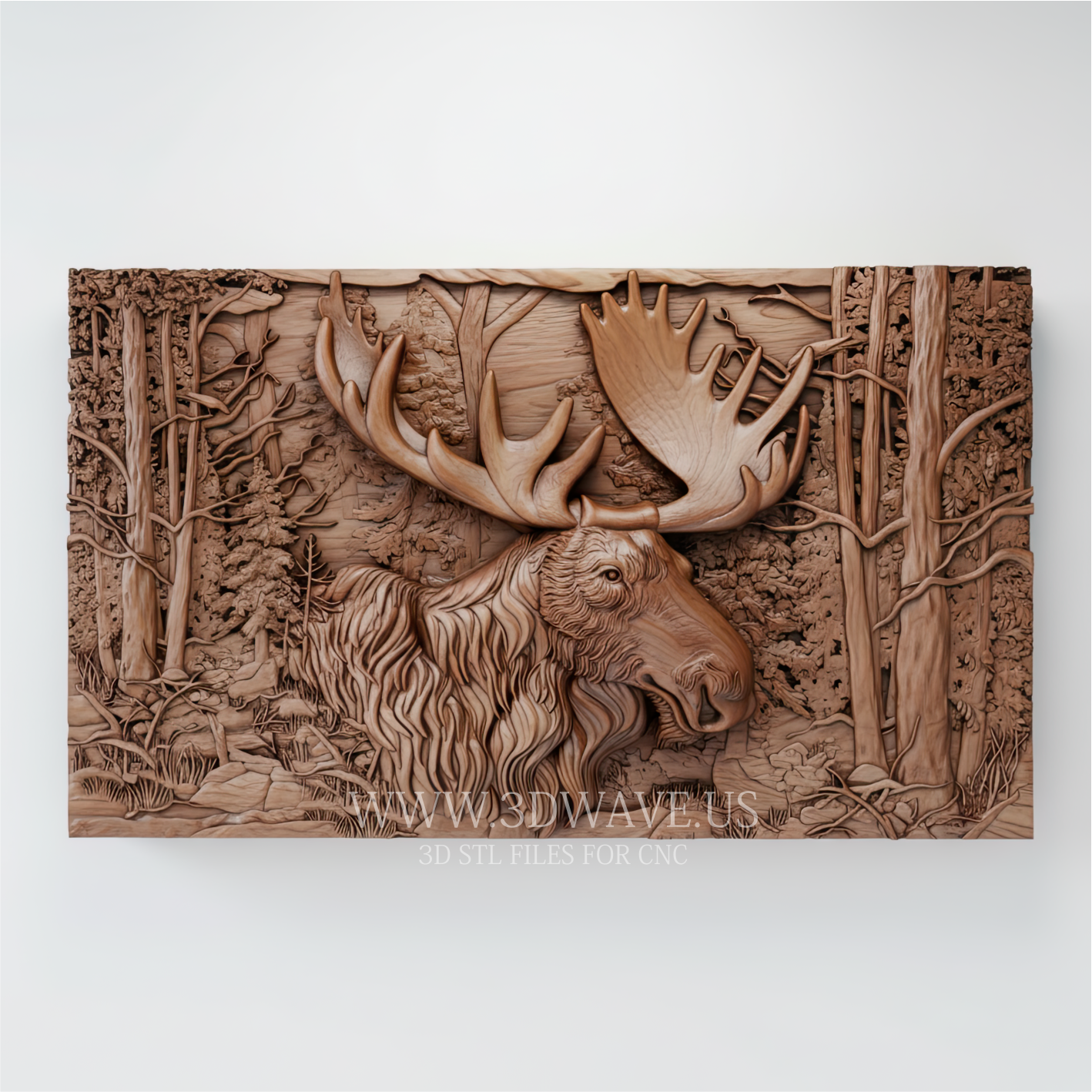 Majestic Moose on Forest Background - 3D Relief Model for CNC - 3DWave.us