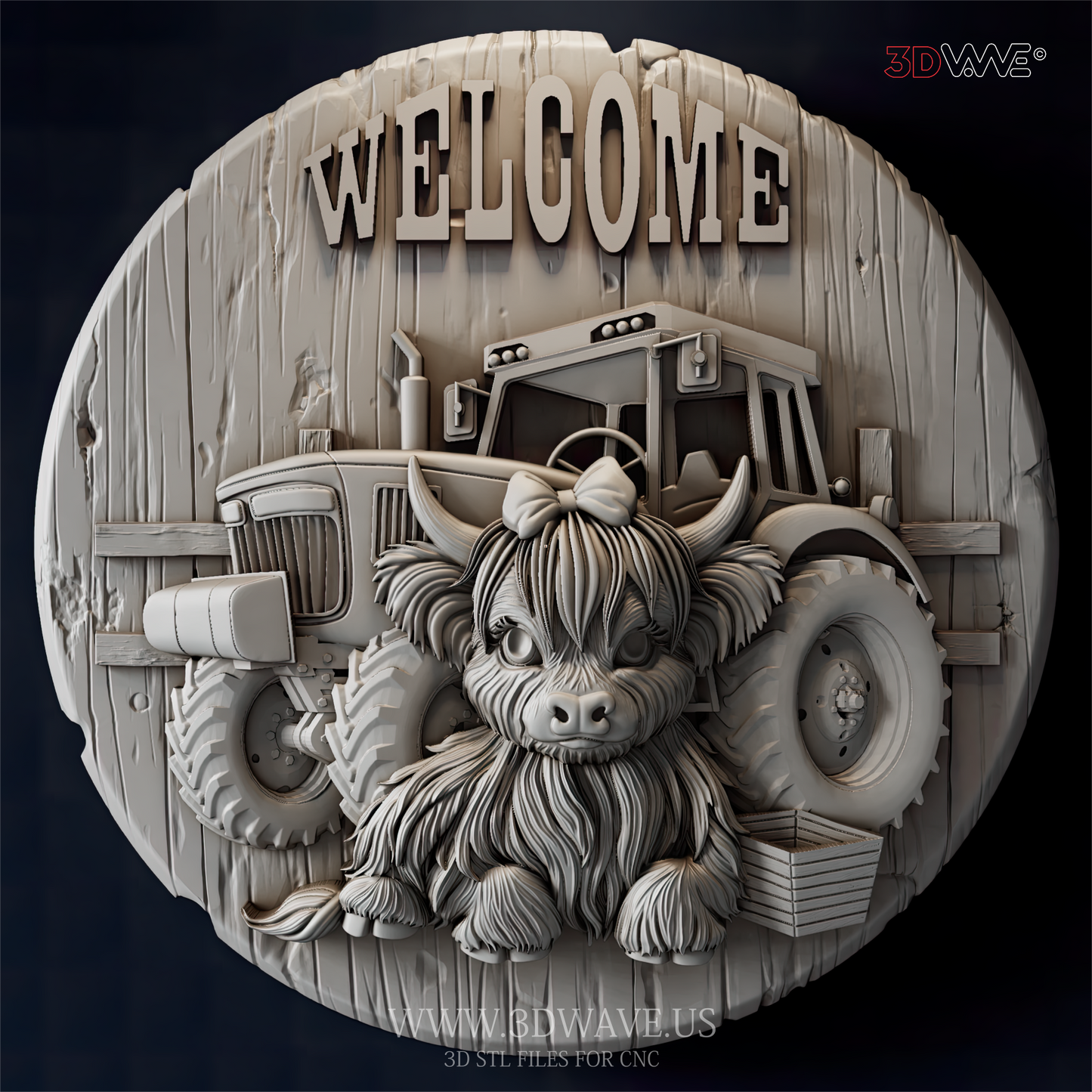 Farm Welcome Sign - 3D Model for CNC | Highland Cow & Tractor STL File - 3DWave.us