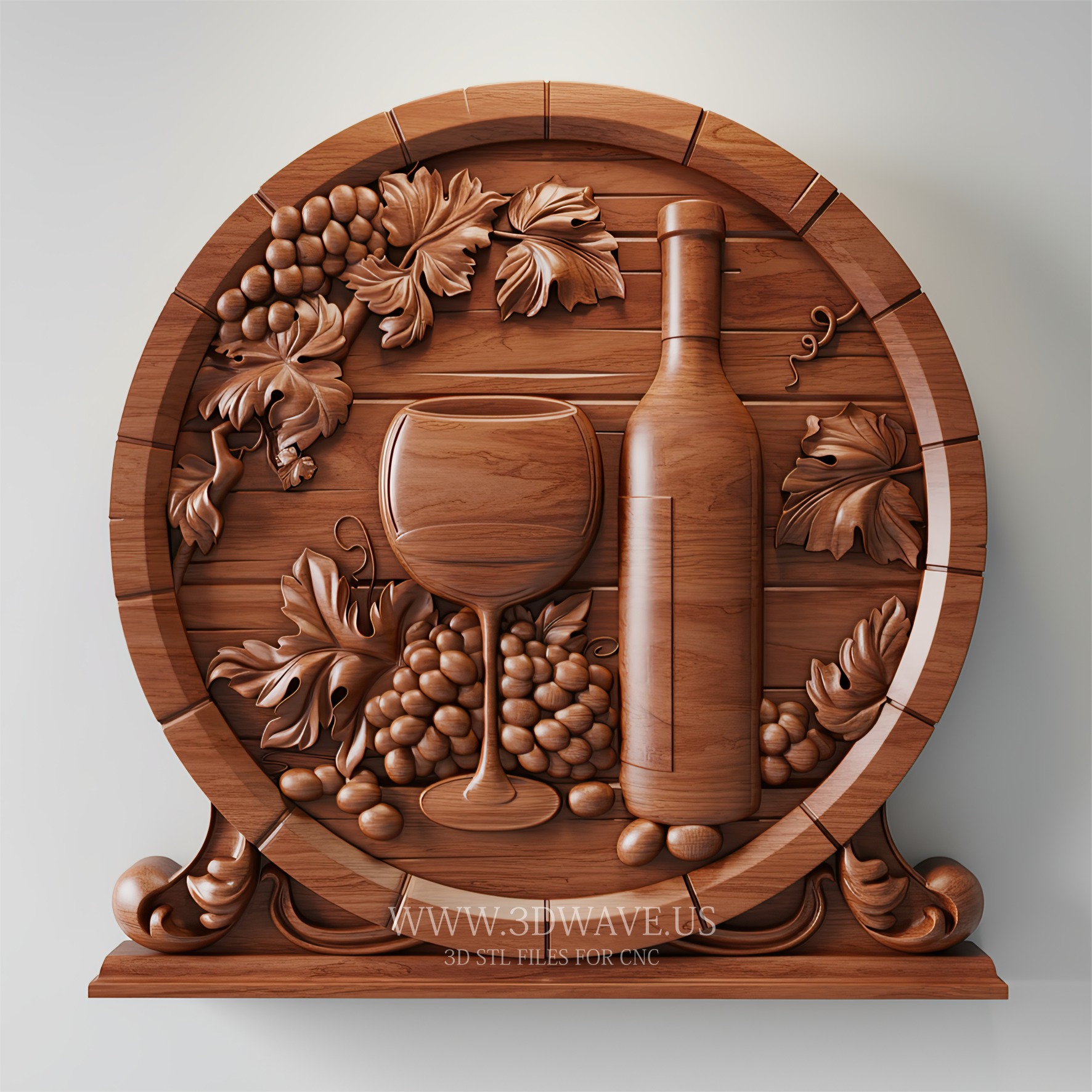 Wine Wall Decor STL | Grape Wall Art CNC | Wood Carving STL File | Kitchen Barrel Decor - 3DWave.us