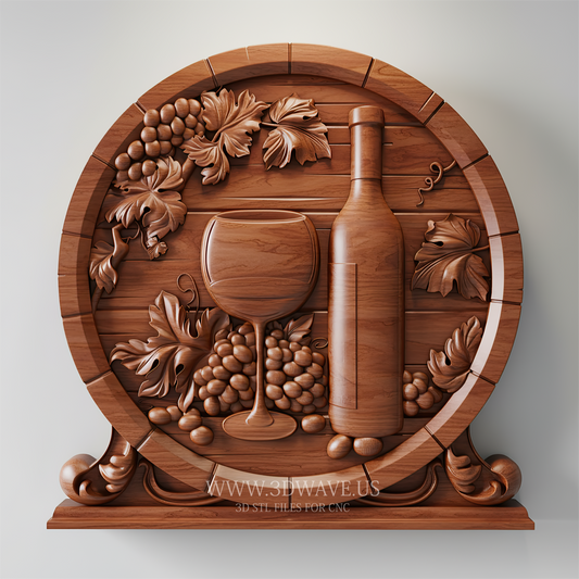 Decoración de pared de vino STL | Arte de pared de uva CNC | Archivo STL de tallado de madera | Decoración de barril de cocina