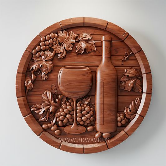Wine Wall Decor STL | Grape Wall Art CNC | Wood Carving STL File | Kitchen Barrel Decor - 3DWave.us