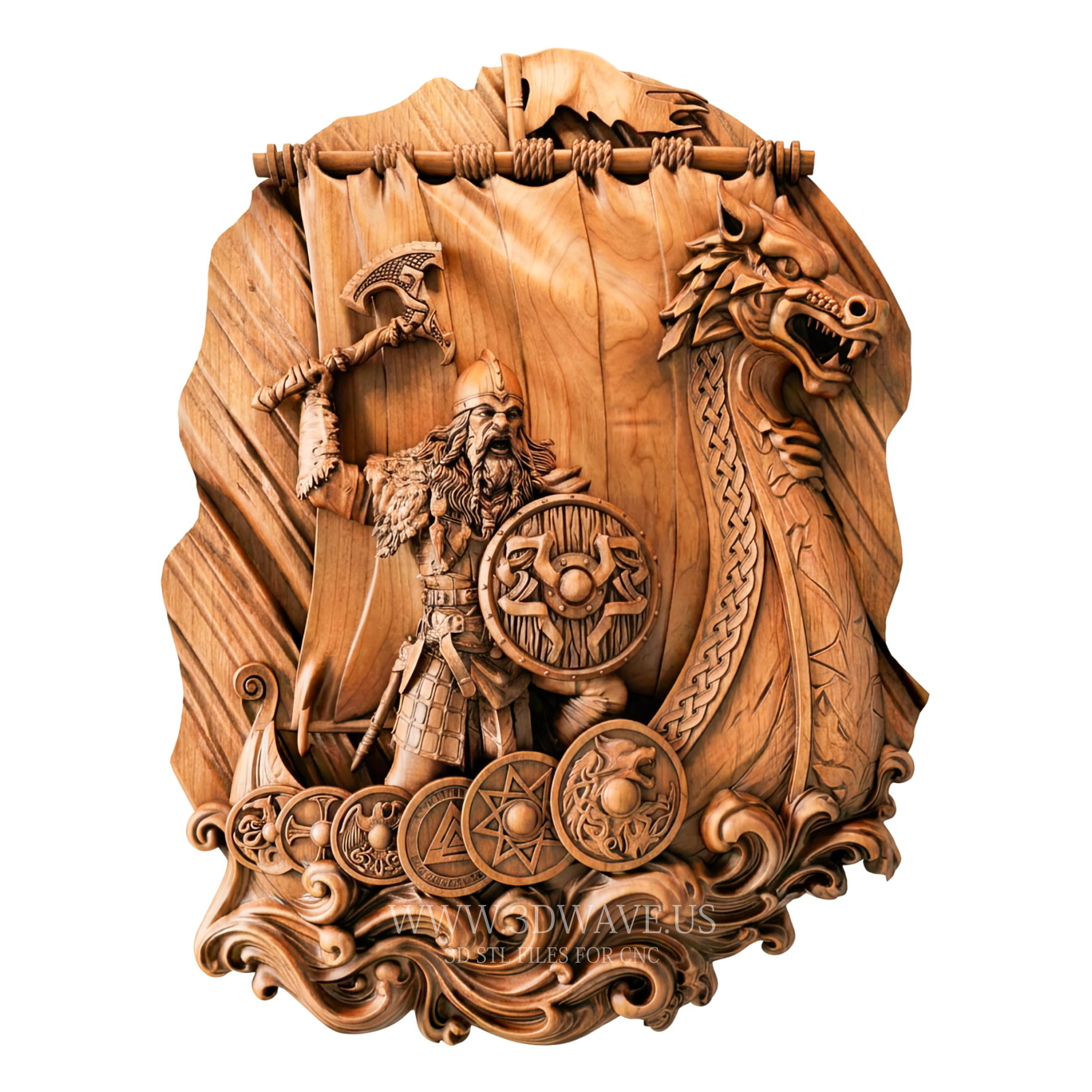 Viking Warrior Ship Relief Carving | Norse Dragon Drakkar STL - 3DWave.us