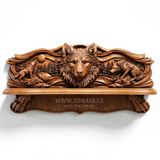 Wolf Wall Shelf STL | CNC Router Shelf File | Wildlife Wood Carving Model