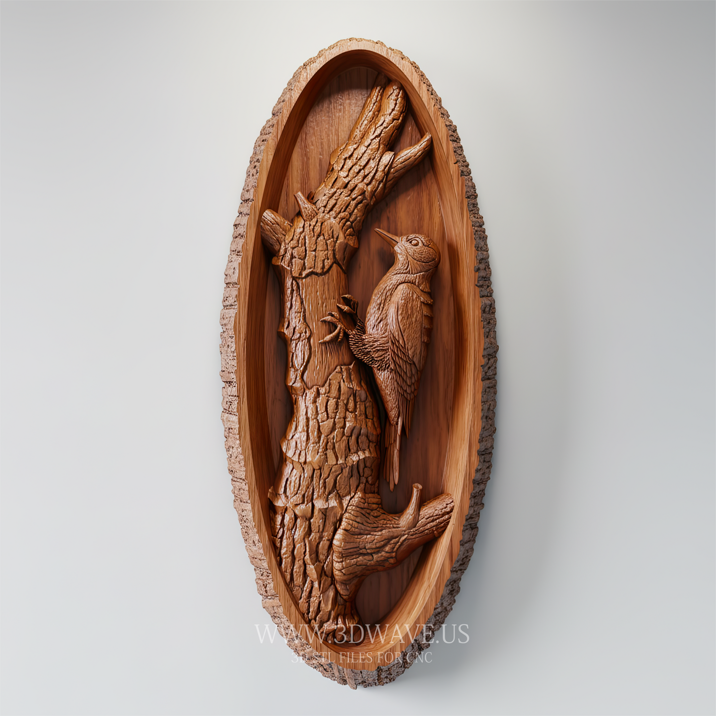 Woodpecker STL File for CNC. Tree Bark Relief Carving in Oval Frame. Rustic Wildlife Wall Art - 3DWave.us