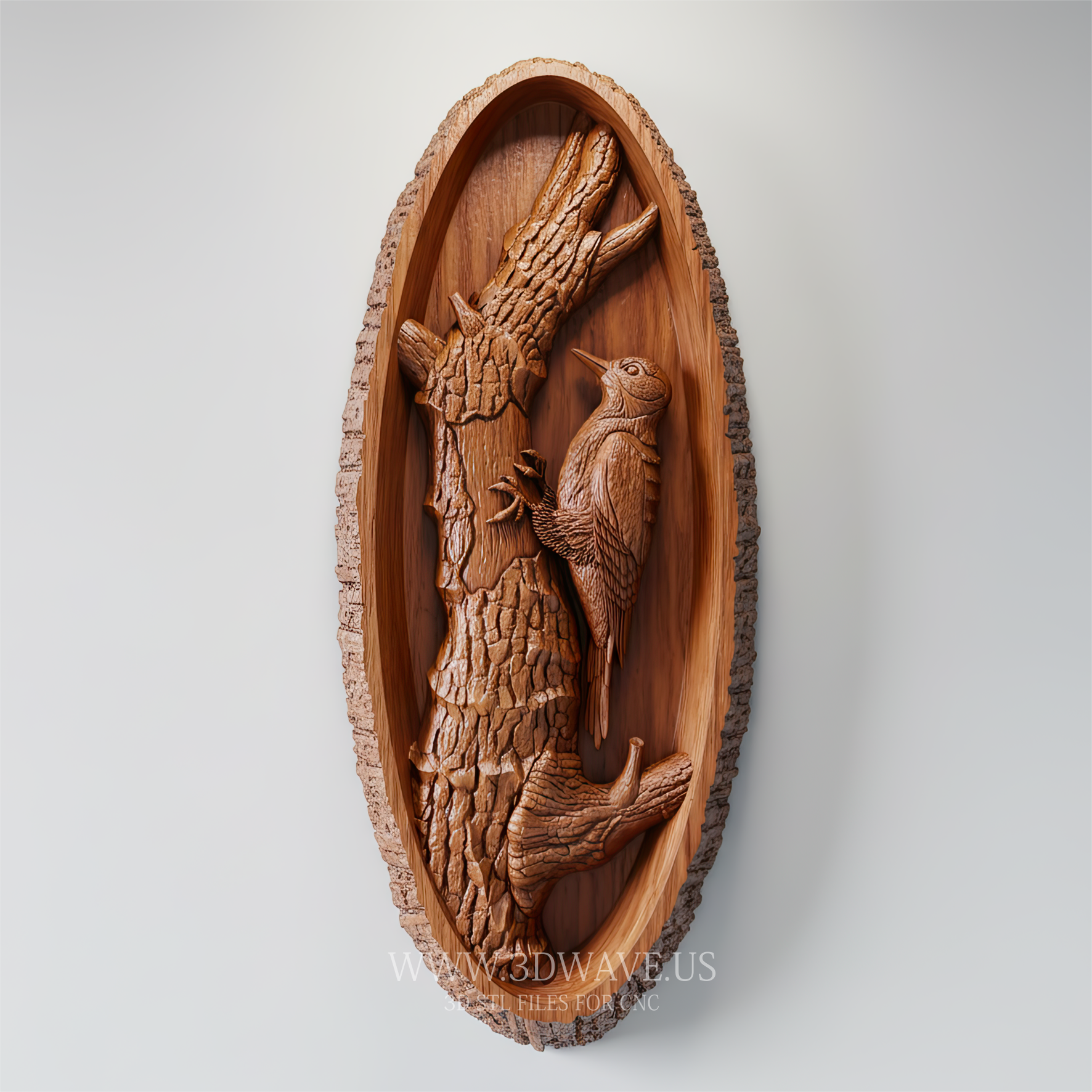 Woodpecker STL File for CNC. Tree Bark Relief Carving in Oval Frame. Rustic Wildlife Wall Art - 3DWave.us