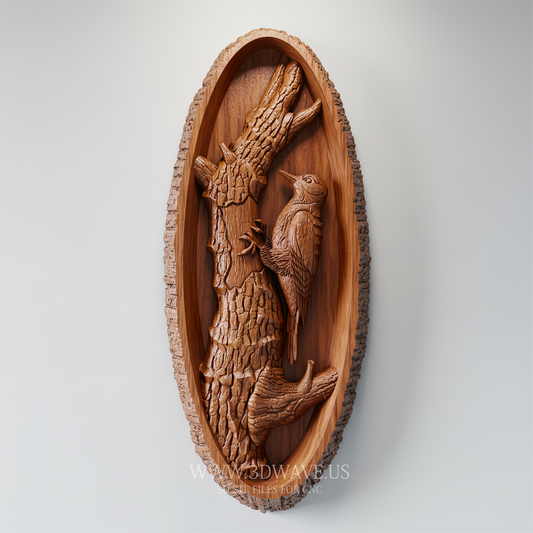 Woodpecker STL File for CNC. Tree Bark Relief Carving in Oval Frame. Rustic Wildlife Wall Art - 3DWave.us