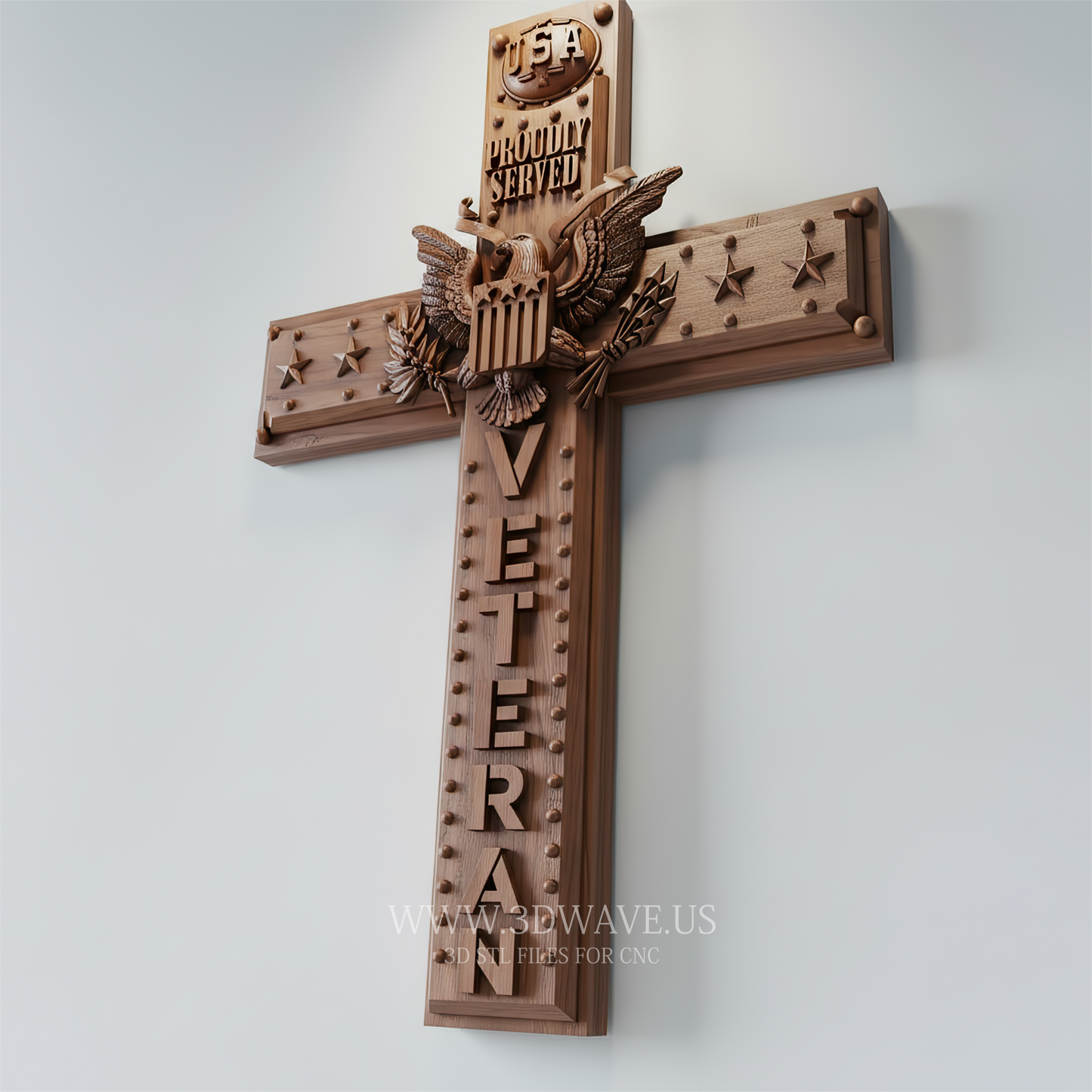 Veteran Cross Wood Carving STL File | 3D CNC Model | Proudly Served Military Wall Art - 3DWave.us