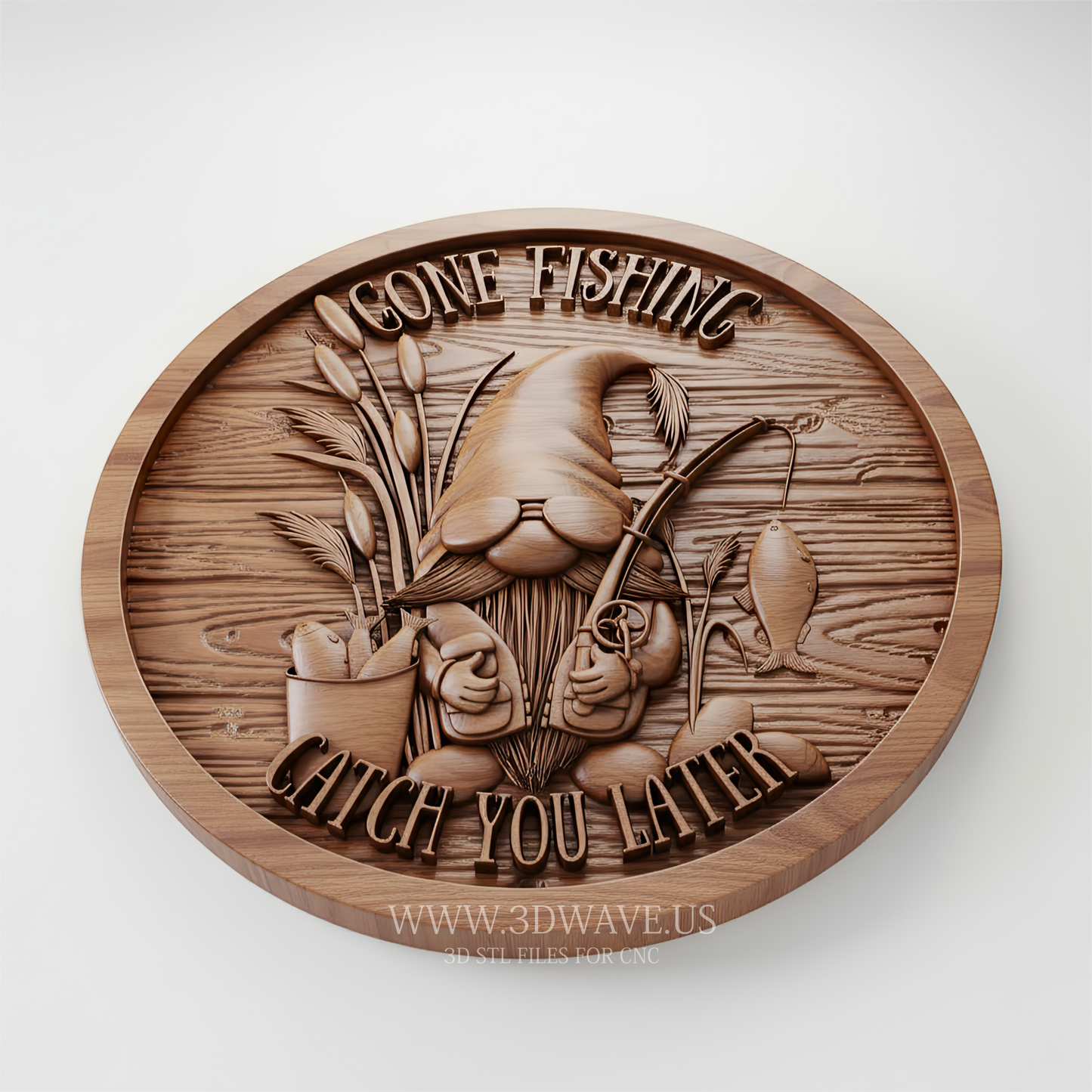 Round Fishing Gnome Wood Carving STL File | 3D CNC Model | Gone Fishing Wall Sign - 3DWave.us