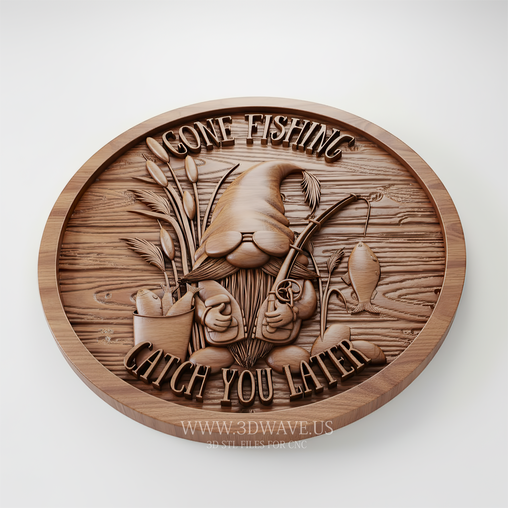 Round Fishing Gnome Wood Carving STL File | 3D CNC Model | Gone Fishing Wall Sign - 3DWave.us