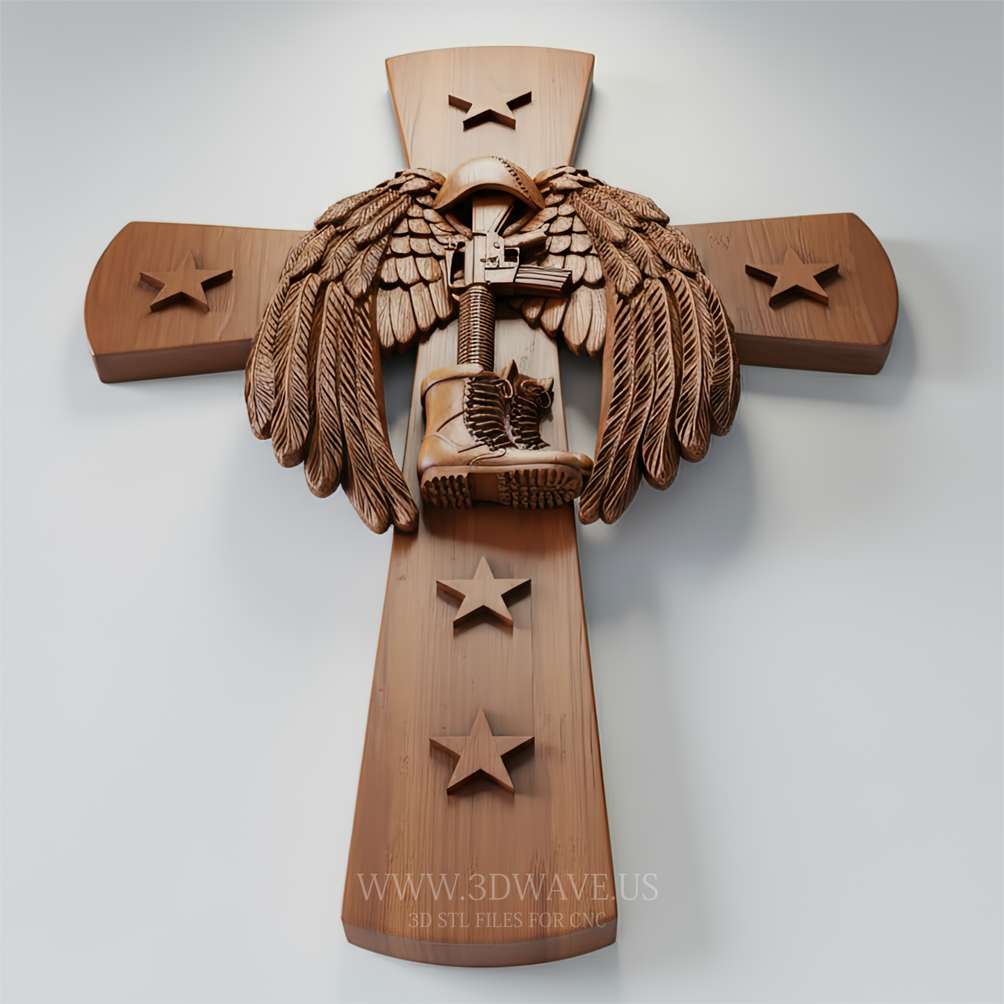 Memorial Cross STL, Fallen Soldier CNC Model for Wood Carving, Patriotic Veteran Wall Art - 3DWave.us