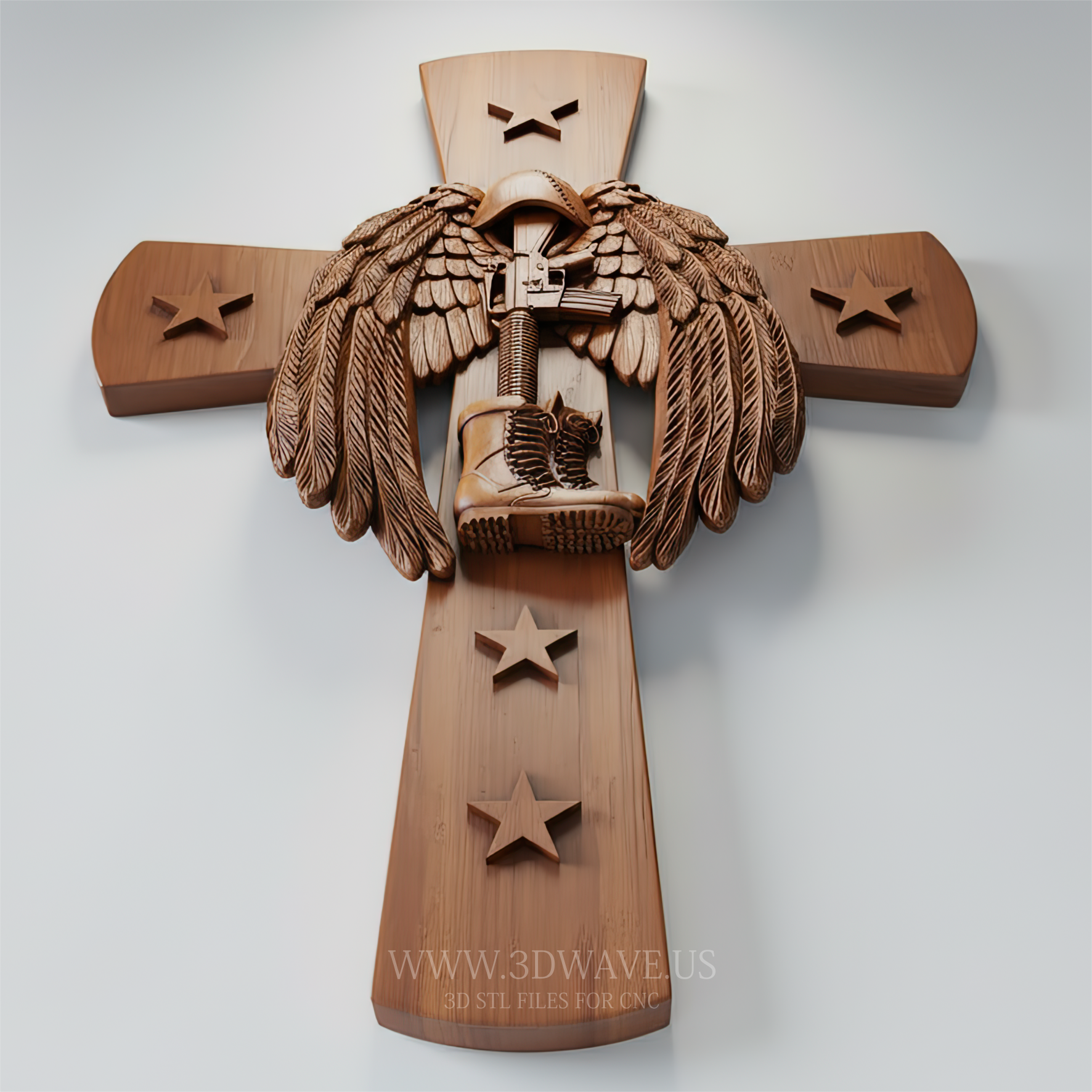 Memorial Cross STL, Fallen Soldier CNC Model for Wood Carving, Patriotic Veteran Wall Art - 3DWave.us