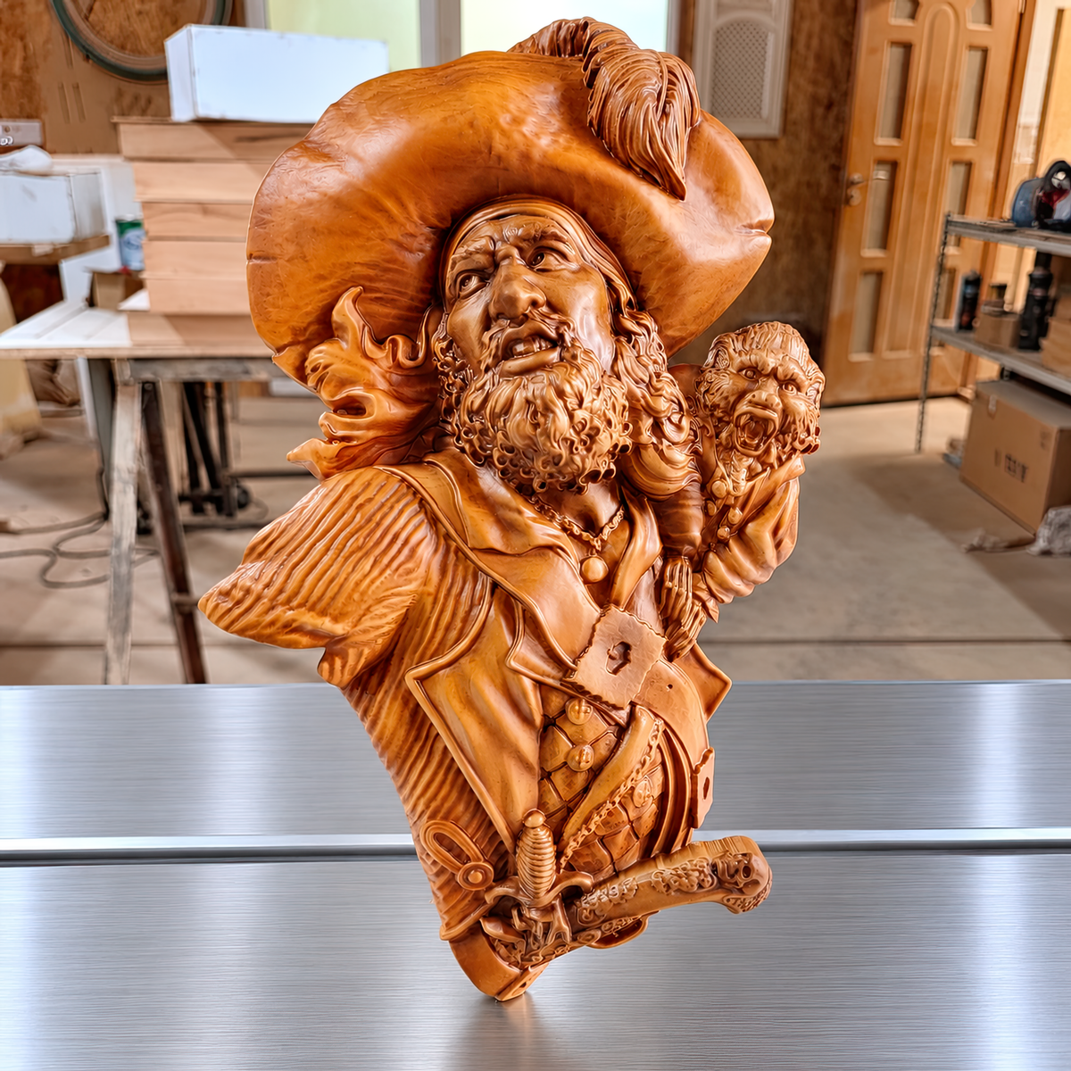 Pirate with monkey, carved in sapelle